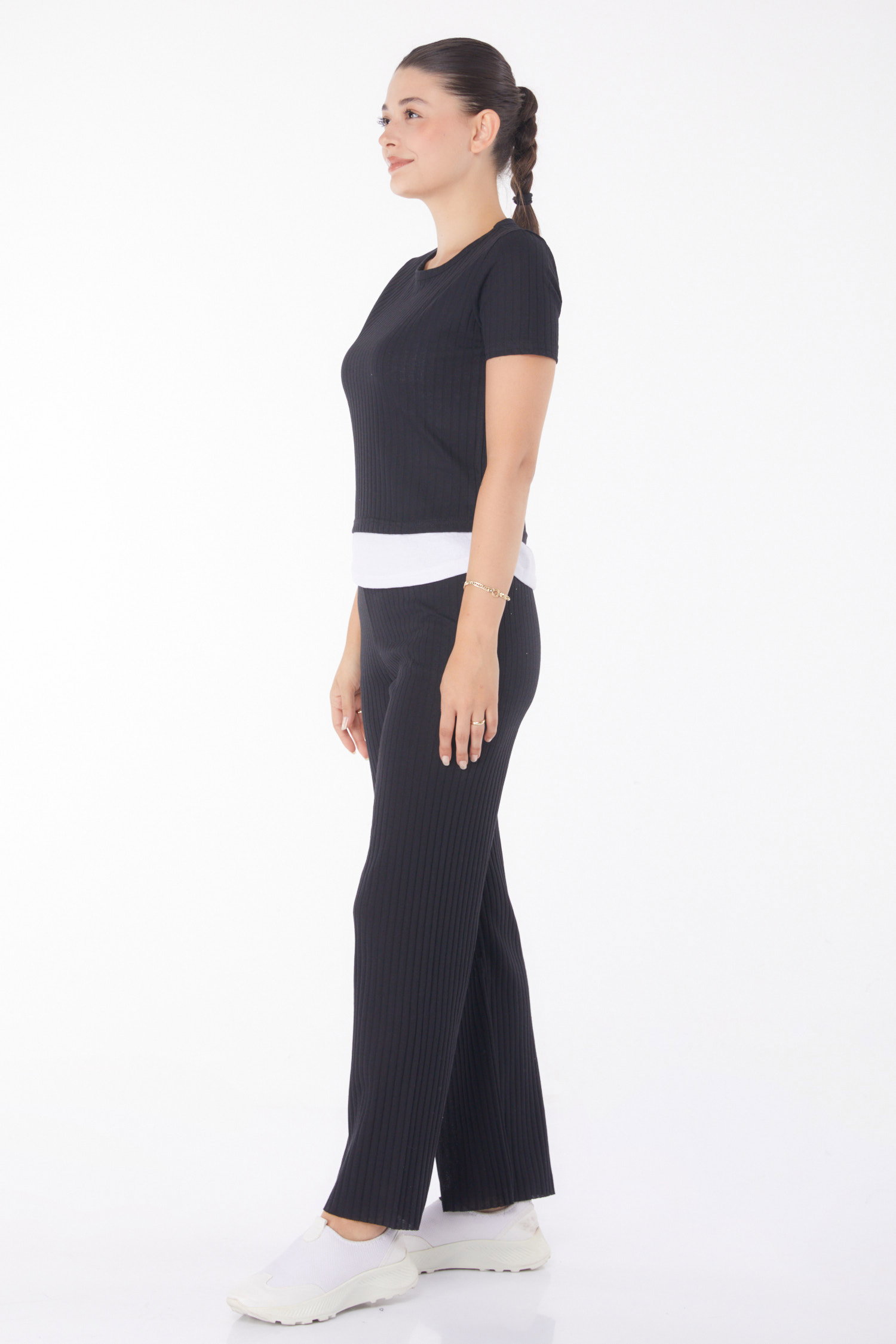Düz Bisiklet Yaka Kadın Siyah T-shirt Pantolon İkili Takım - 25952 - 4