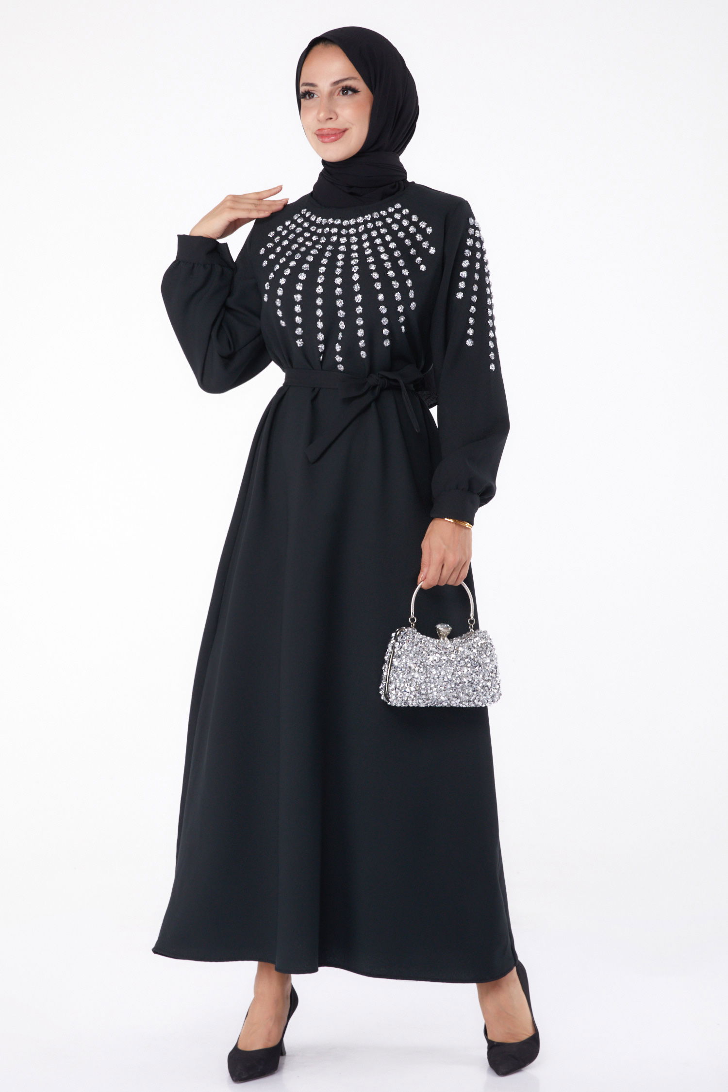 Taş Detaylı Elbise Siyah - 26282 - 1