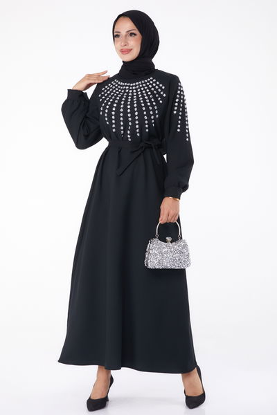 Taş Detaylı Elbise Siyah - 26282 