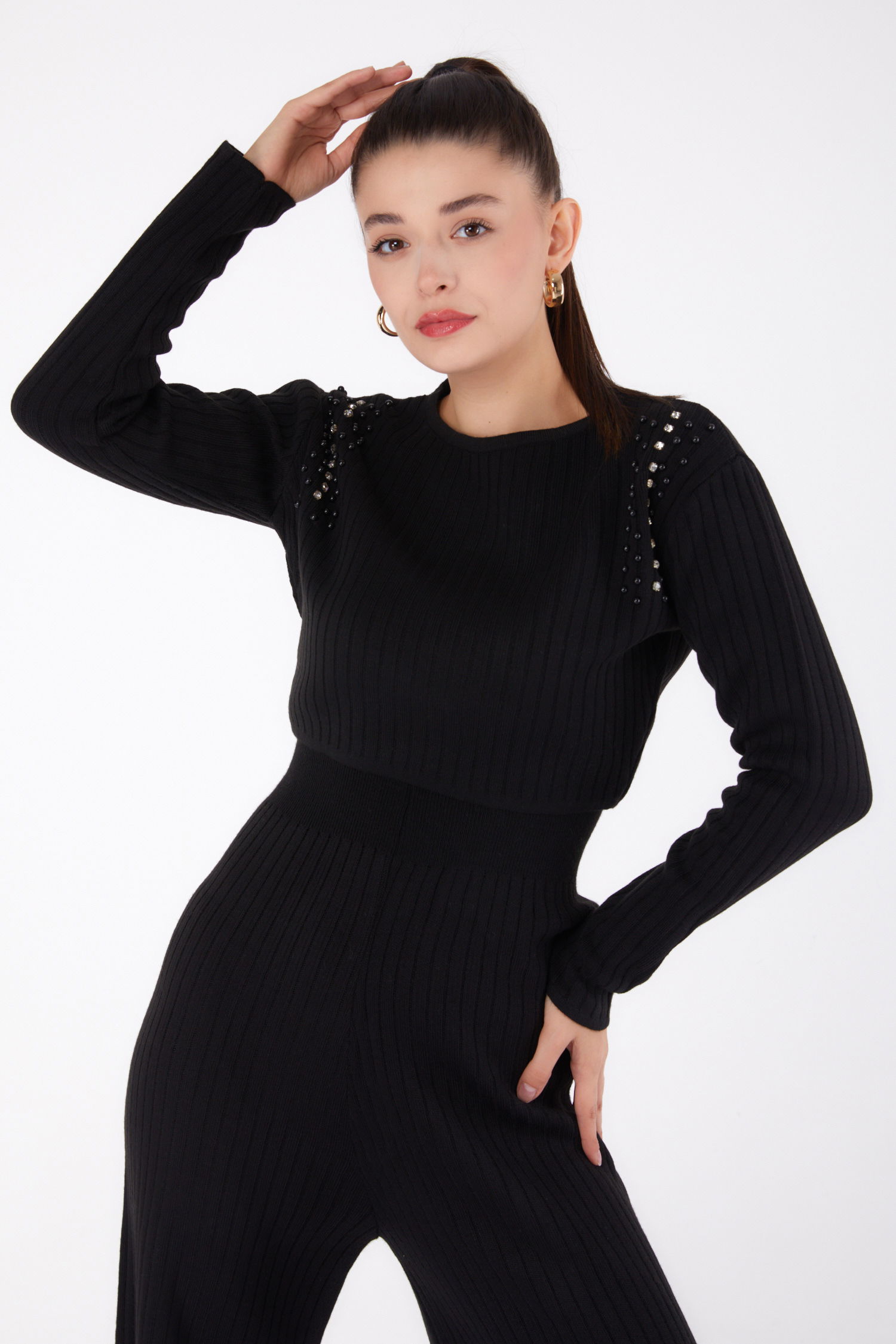 Taş Detaylı Triko Takıım Siyah - 26283 - 2