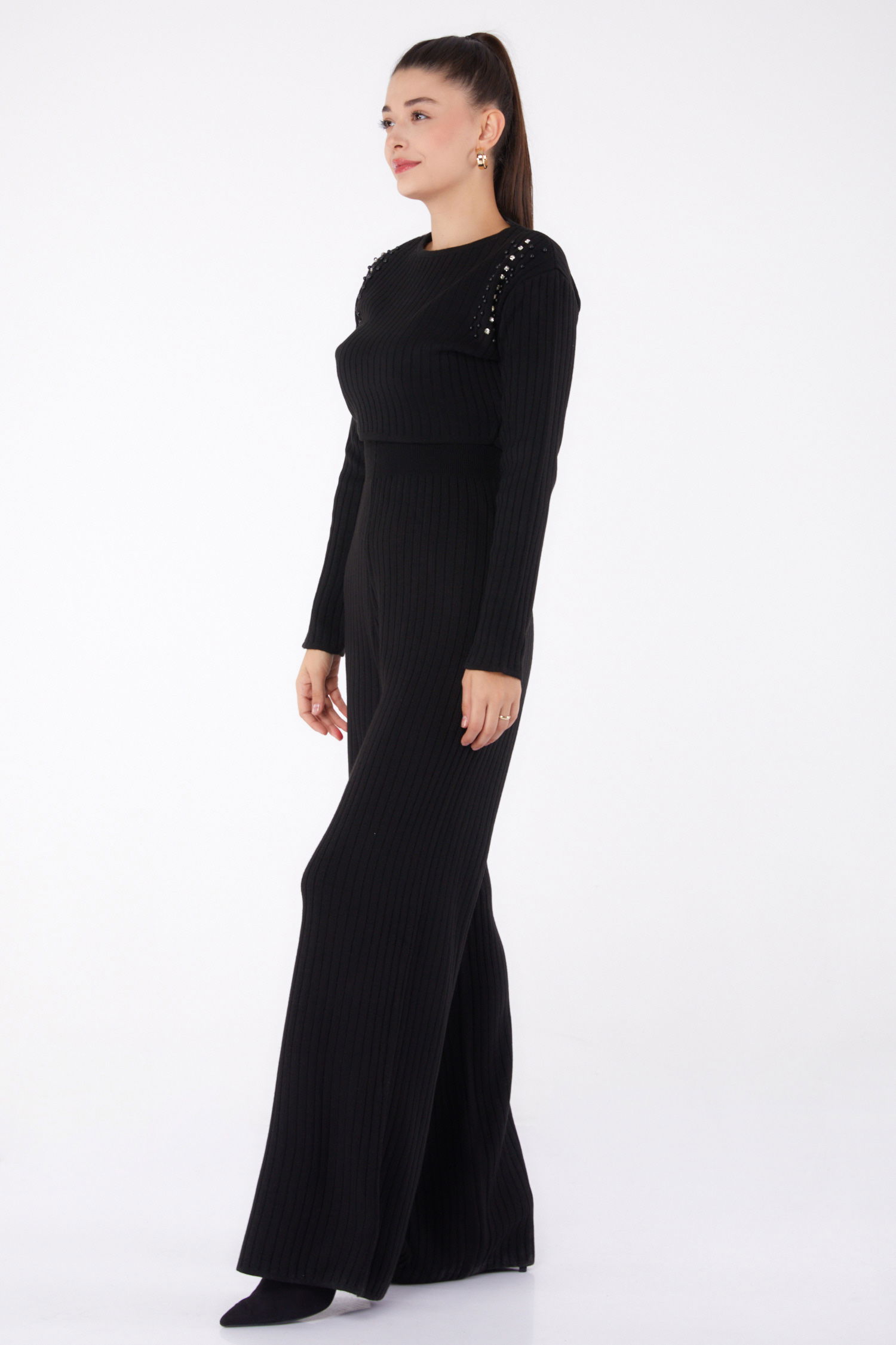 Taş Detaylı Triko Takıım Siyah - 26283 - 3