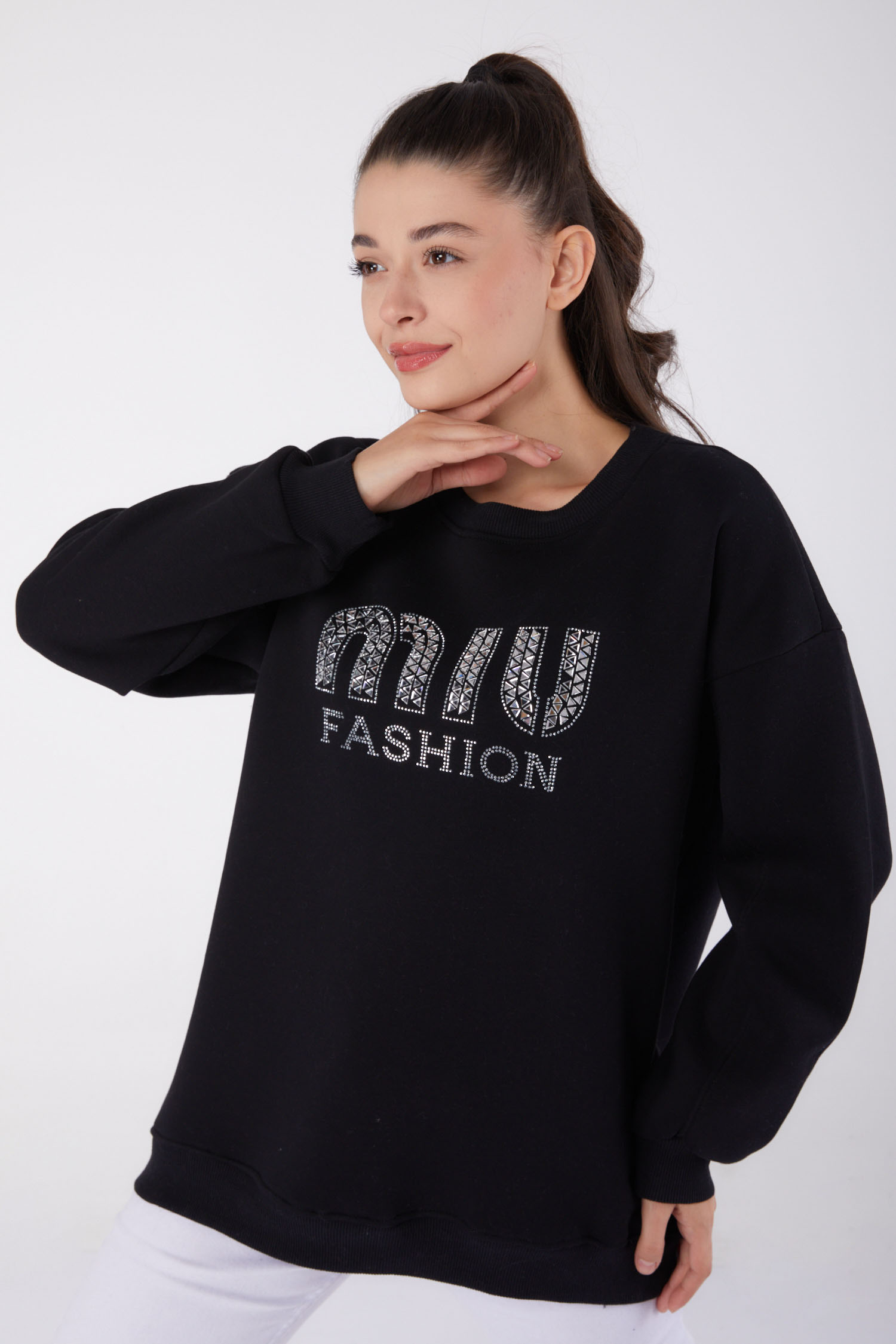 Düz Bisiklet Yaka Kadın Siyah Taşlı Sweatshirt - 26478 - 3
