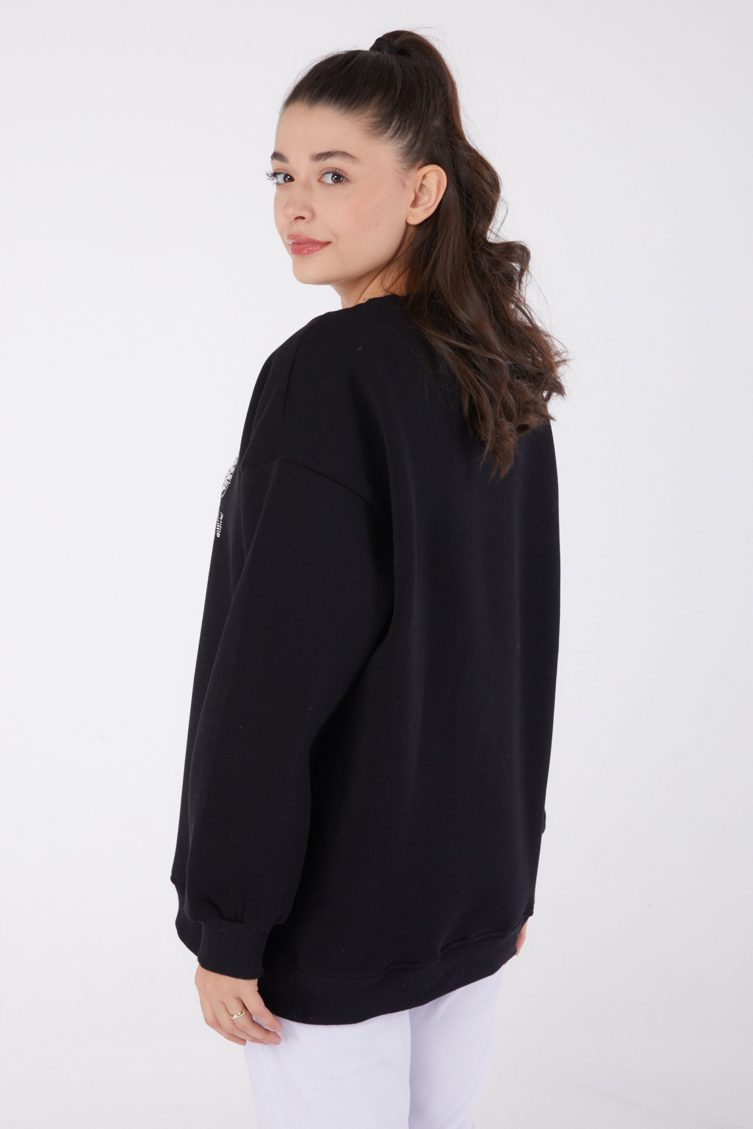 Düz Bisiklet Yaka Kadın Siyah Taşlı Sweatshirt - 26478 - 5