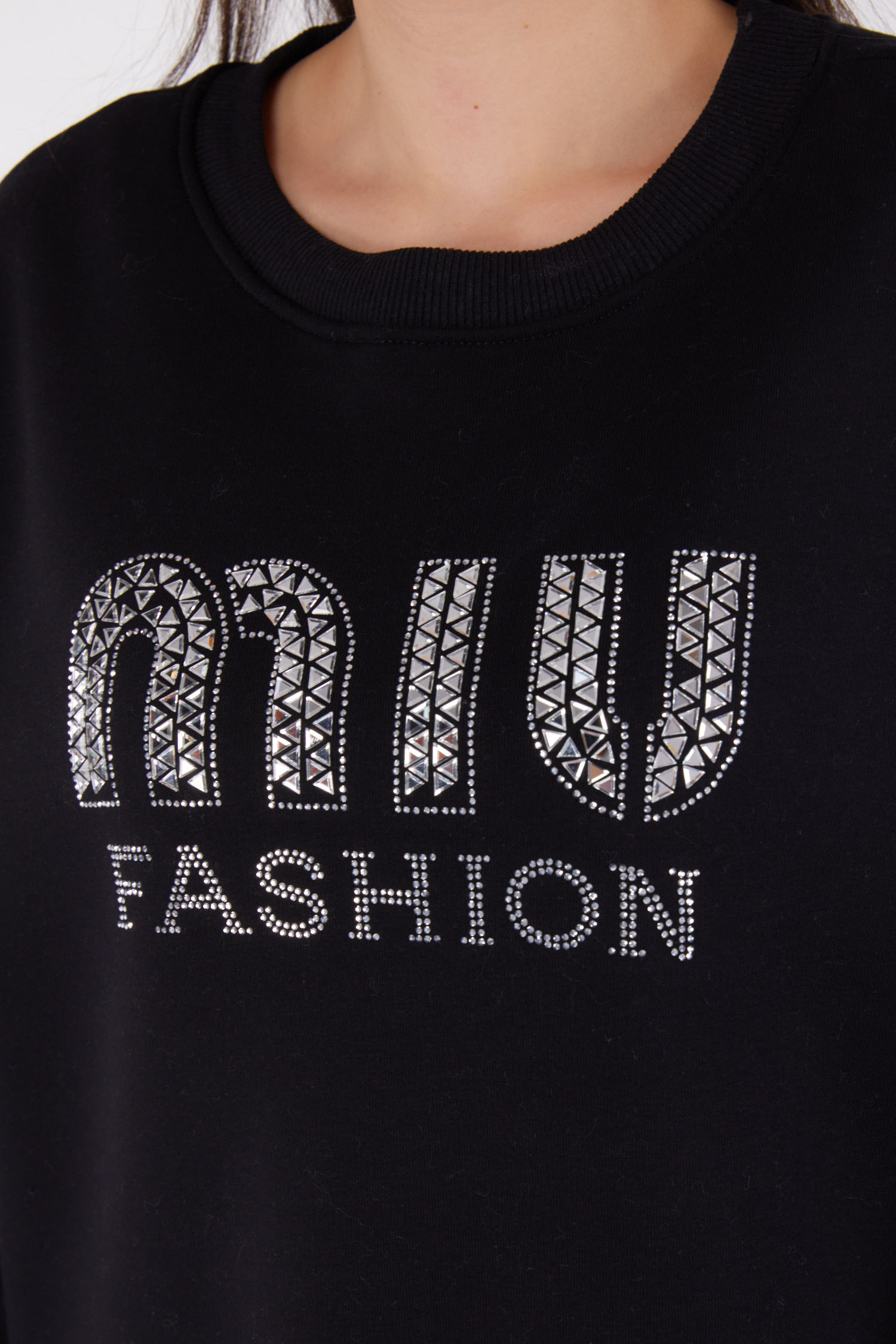Düz Bisiklet Yaka Kadın Siyah Taşlı Sweatshirt - 26478 - 6
