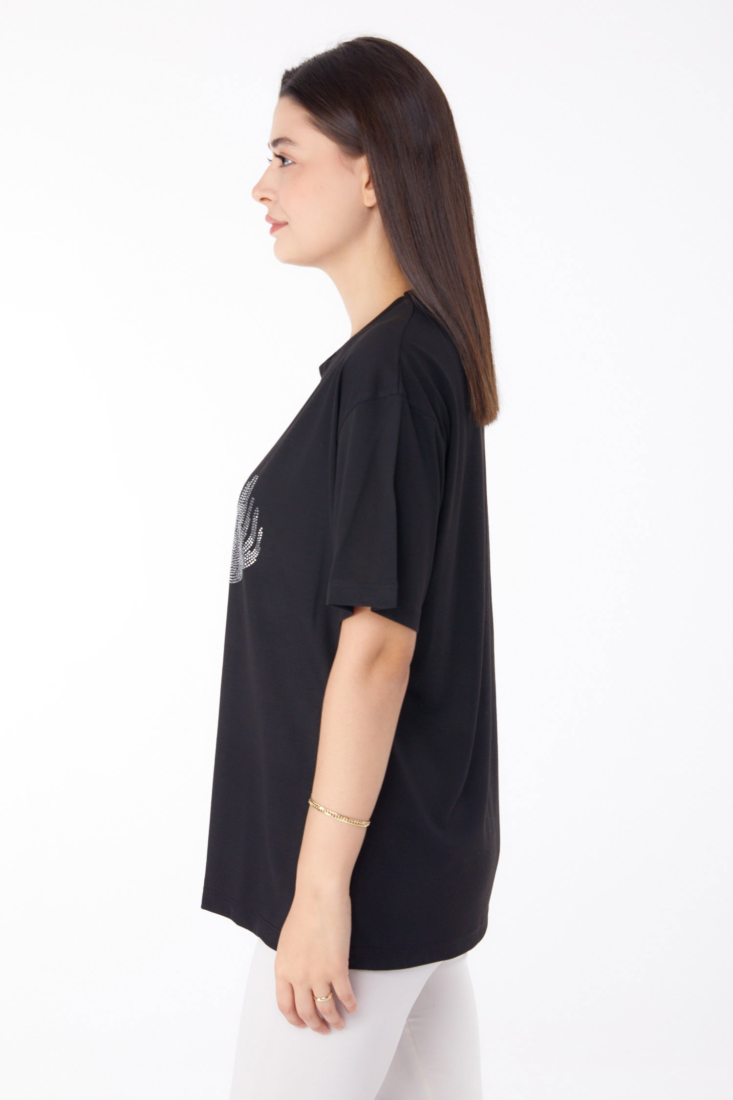 Düz Bisiklet Yaka Kadın Siyah Taşlı T-shirt - 25696 - 4
