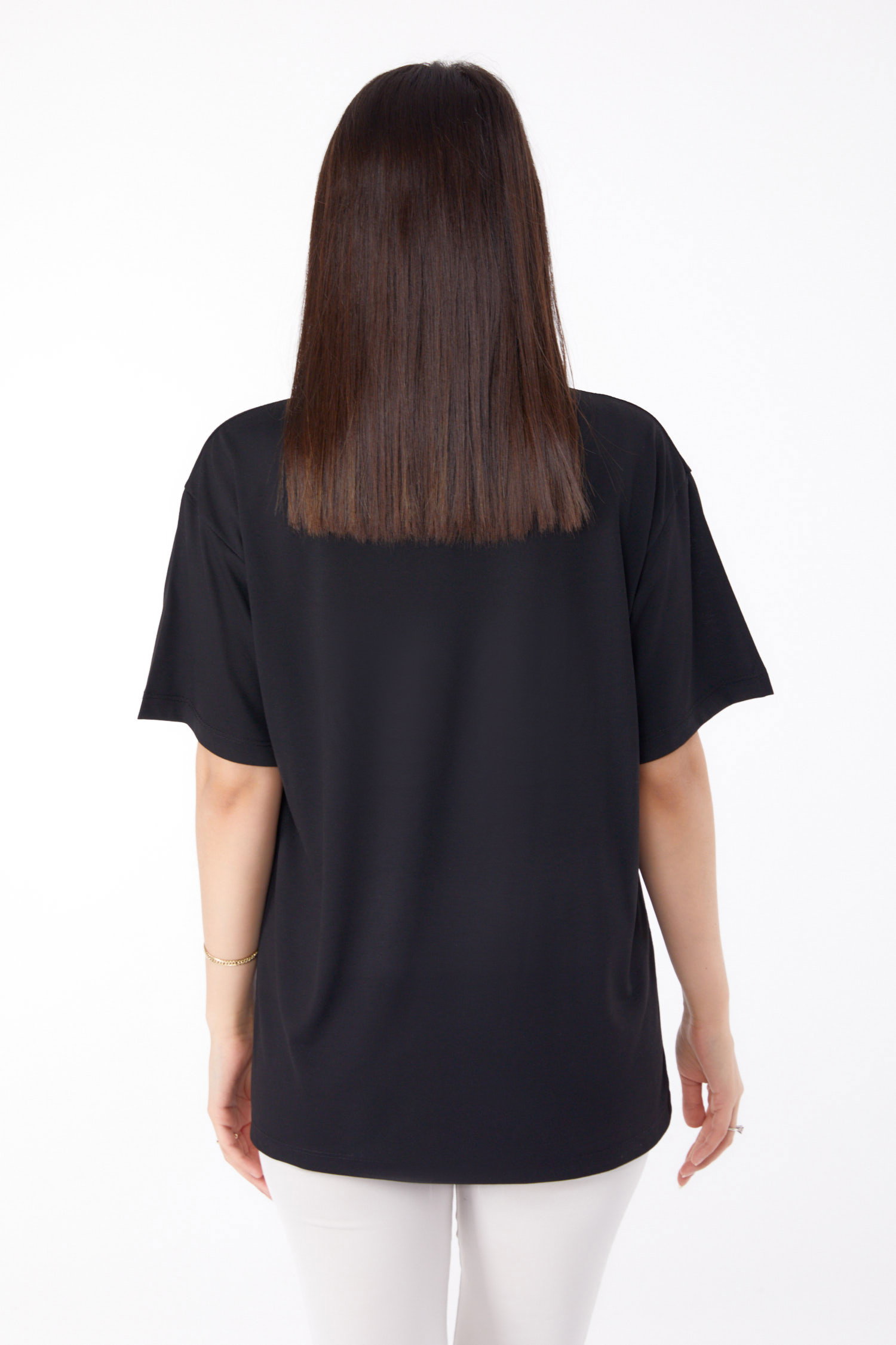 Düz Bisiklet Yaka Kadın Siyah Taşlı T-shirt - 25696 - 5