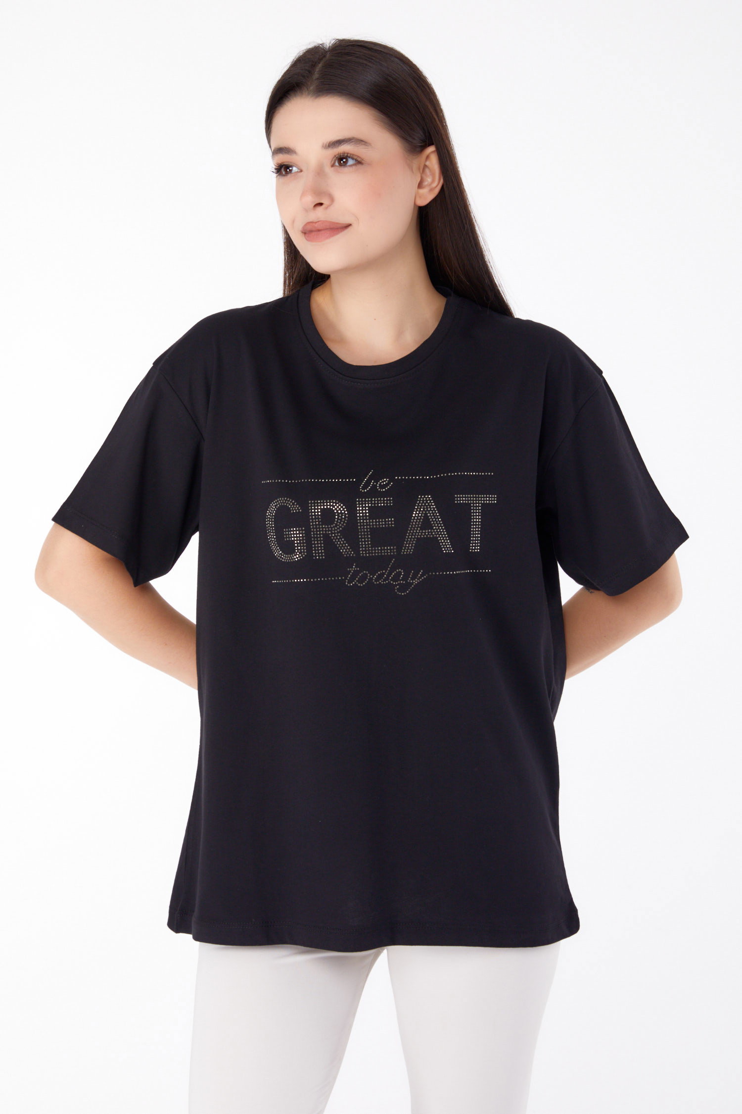 Düz Bisiklet Yaka Kadın Siyah Taşlı T-shirt