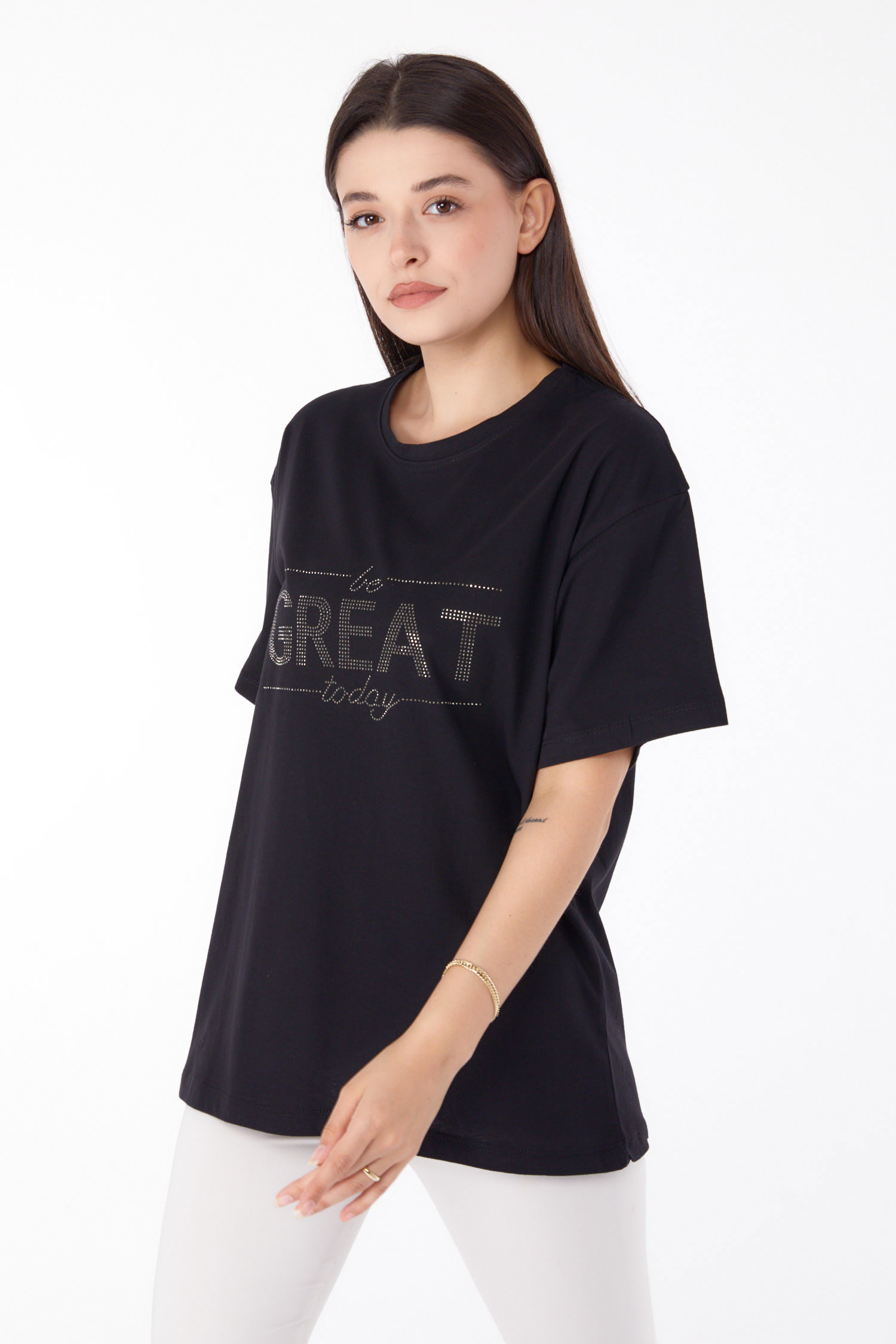 Düz Bisiklet Yaka Kadın Siyah Taşlı T-shirt