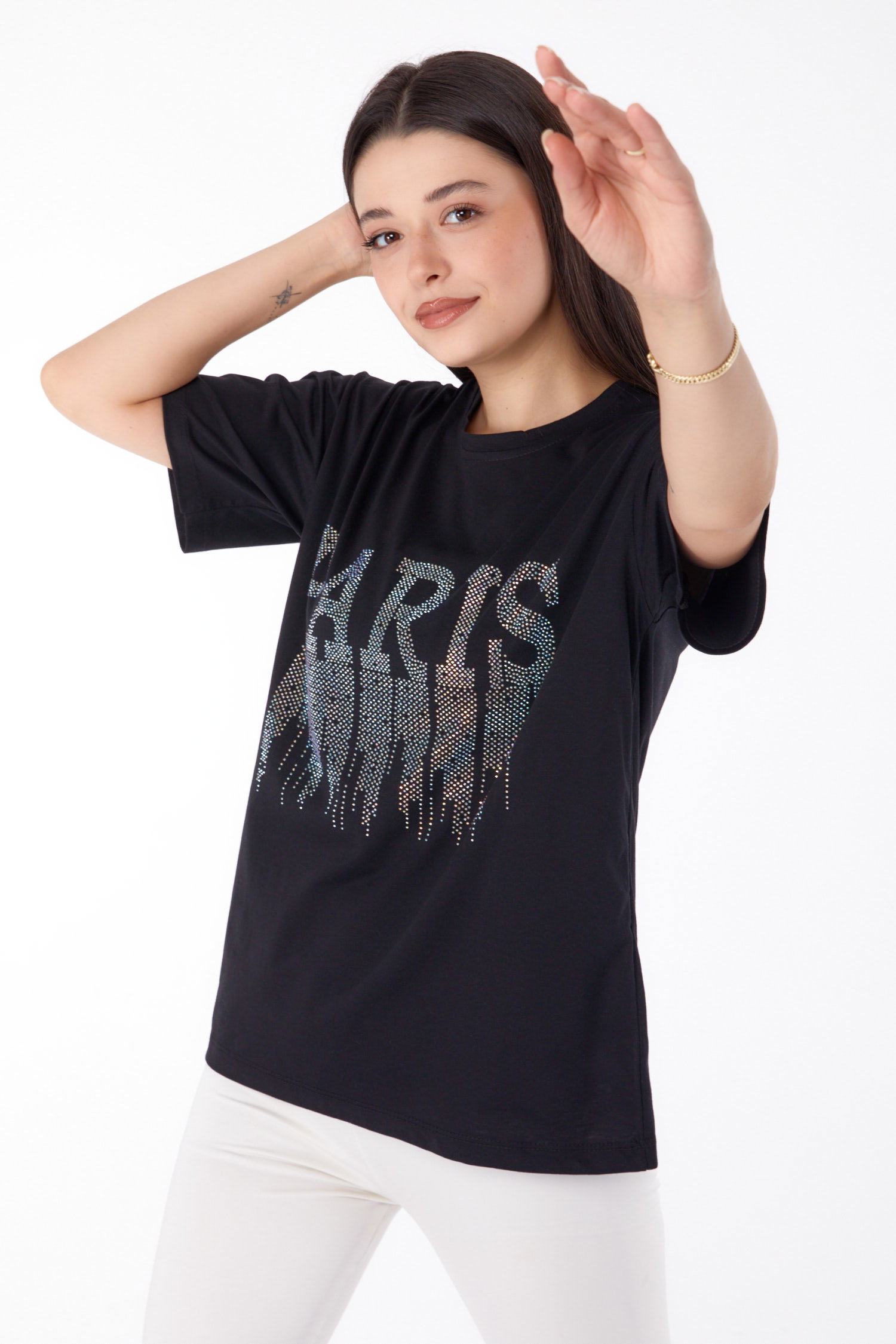 Düz Bisiklet Yaka Kadın Siyah Taşlı T-shirt - 25698 - 1