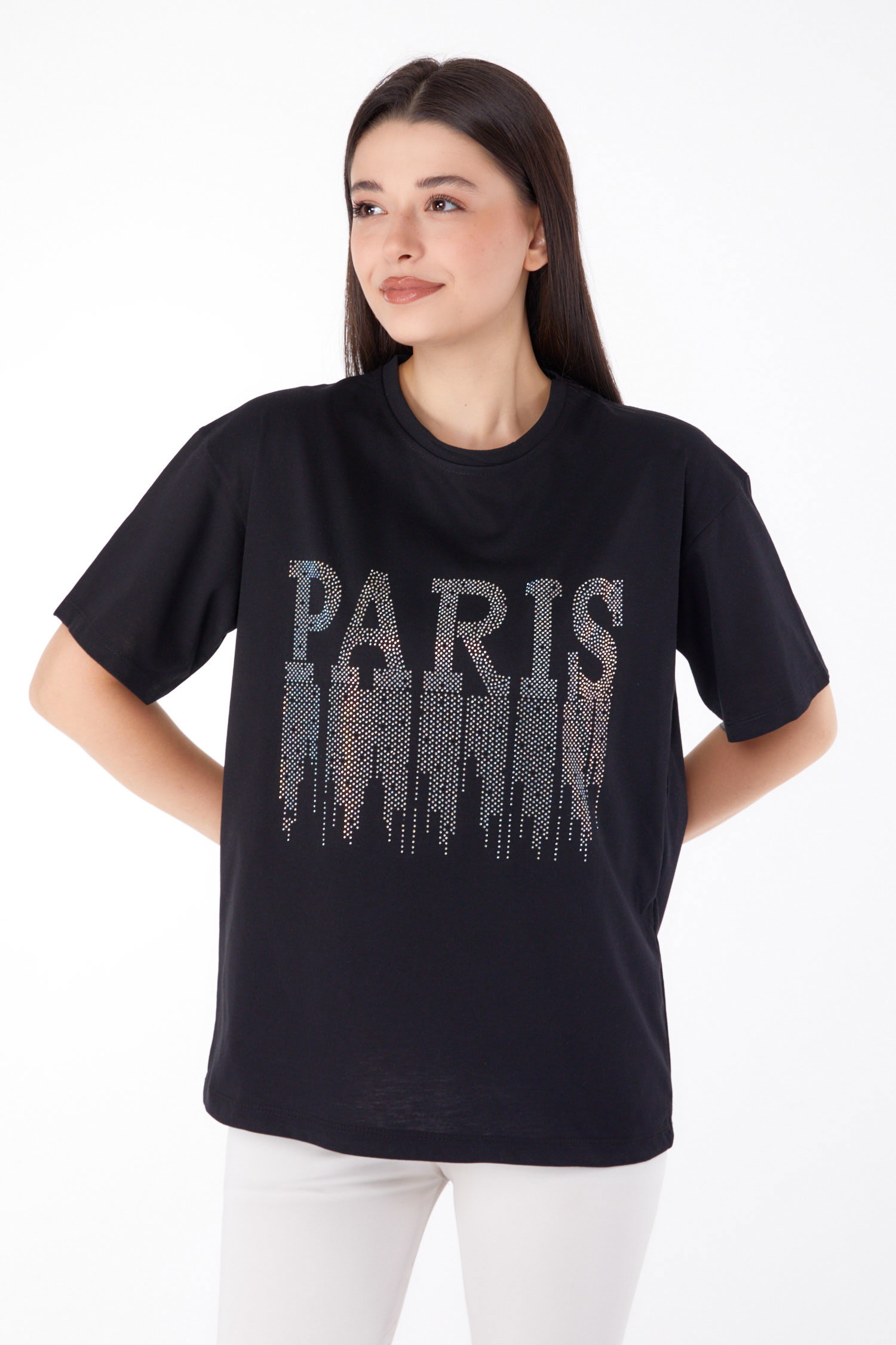 Düz Bisiklet Yaka Kadın Siyah Taşlı T-shirt - 25698 - 2