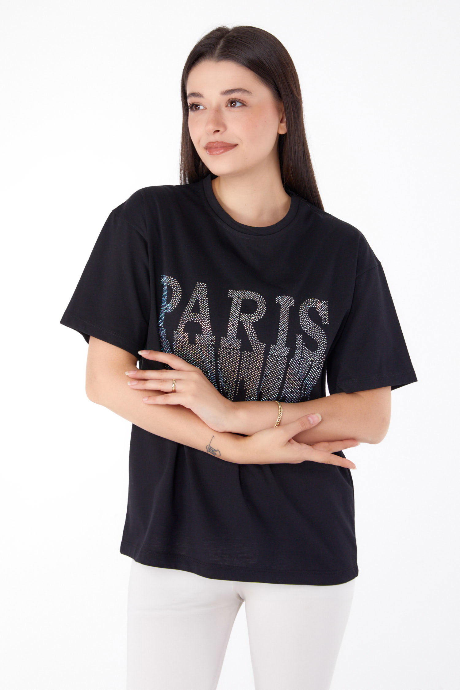Düz Bisiklet Yaka Kadın Siyah Taşlı T-shirt - 25698 - 3