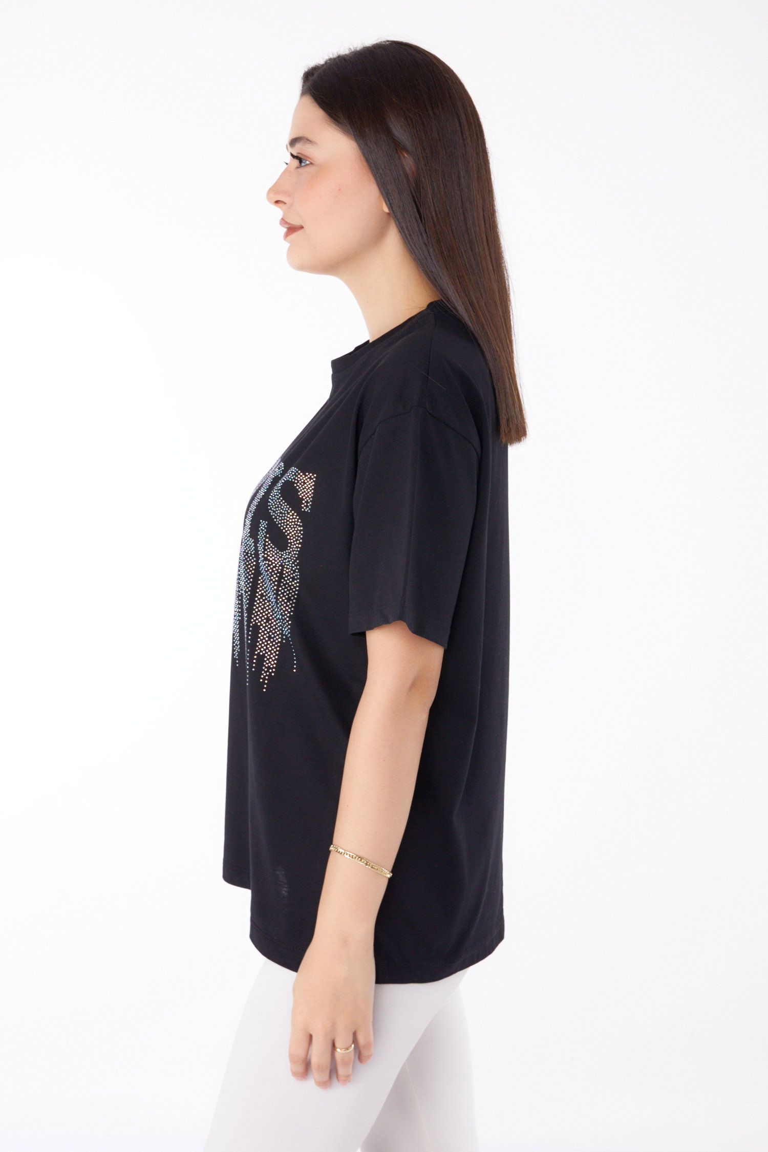 Düz Bisiklet Yaka Kadın Siyah Taşlı T-shirt - 25698 - 4