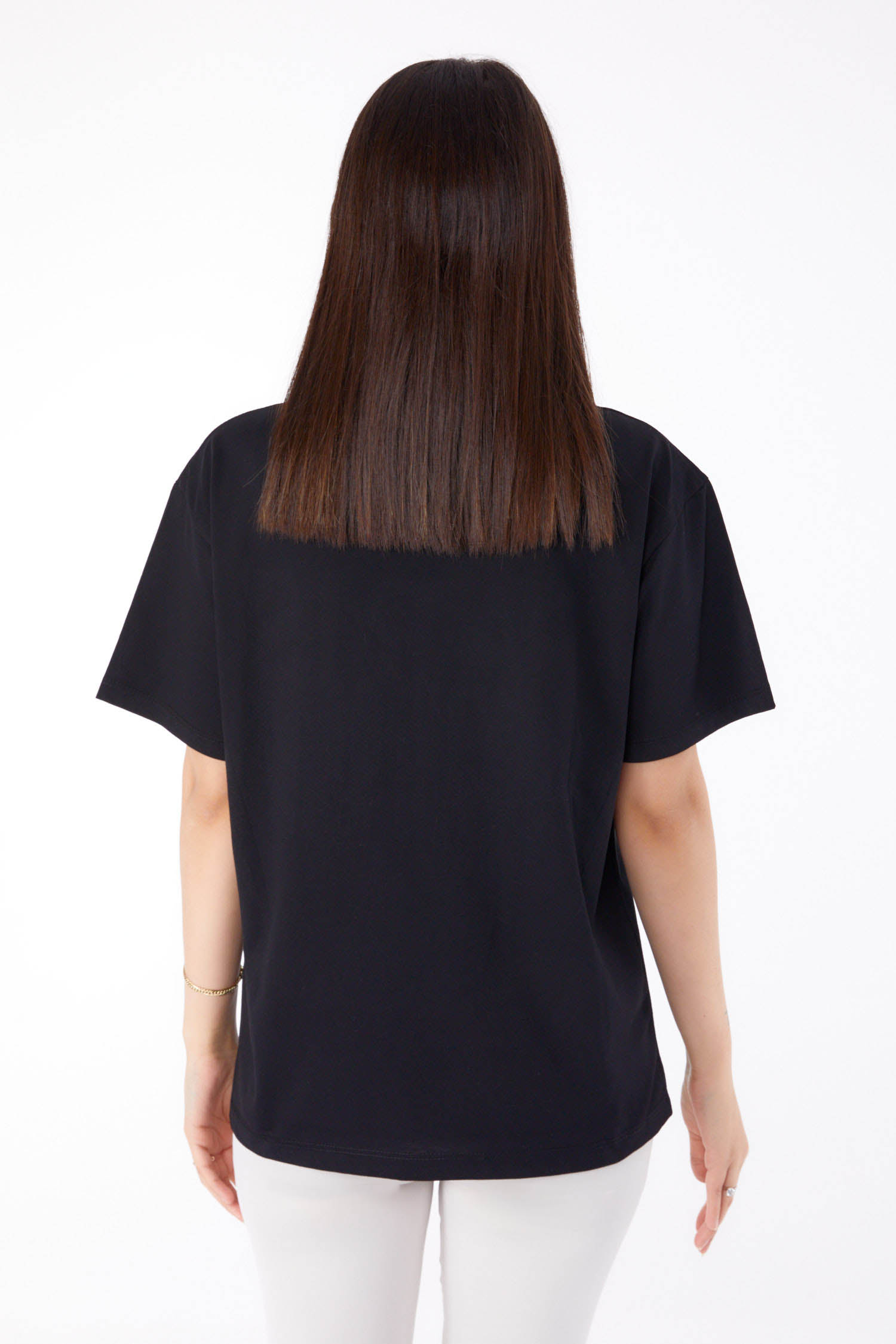 Düz Bisiklet Yaka Kadın Siyah Taşlı T-shirt - 25698 - 5