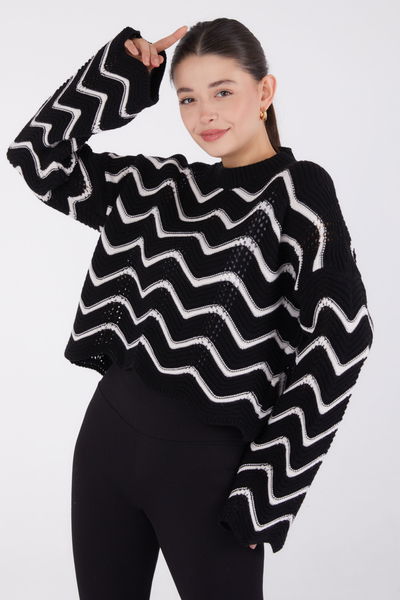 Düz Bisiklet Yaka Kadın Siyah Triko Bluz - 26496 