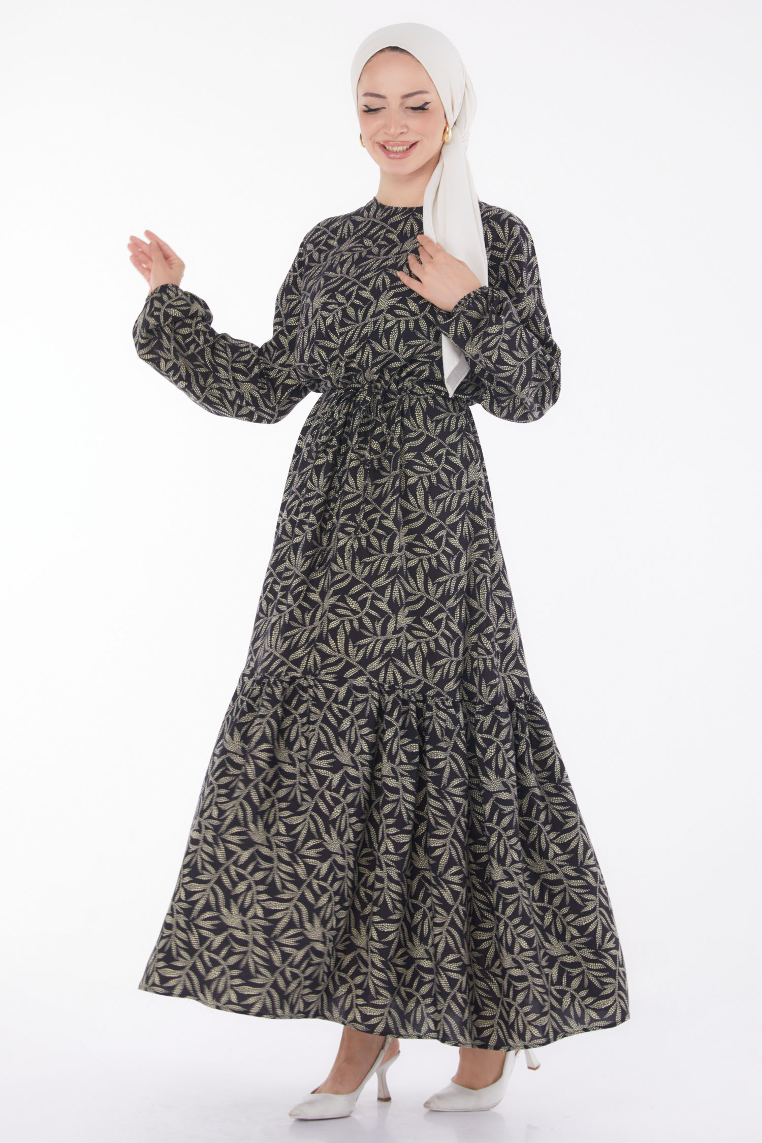 Yaprak Desenli Elbise Siyah - 25751 - 1