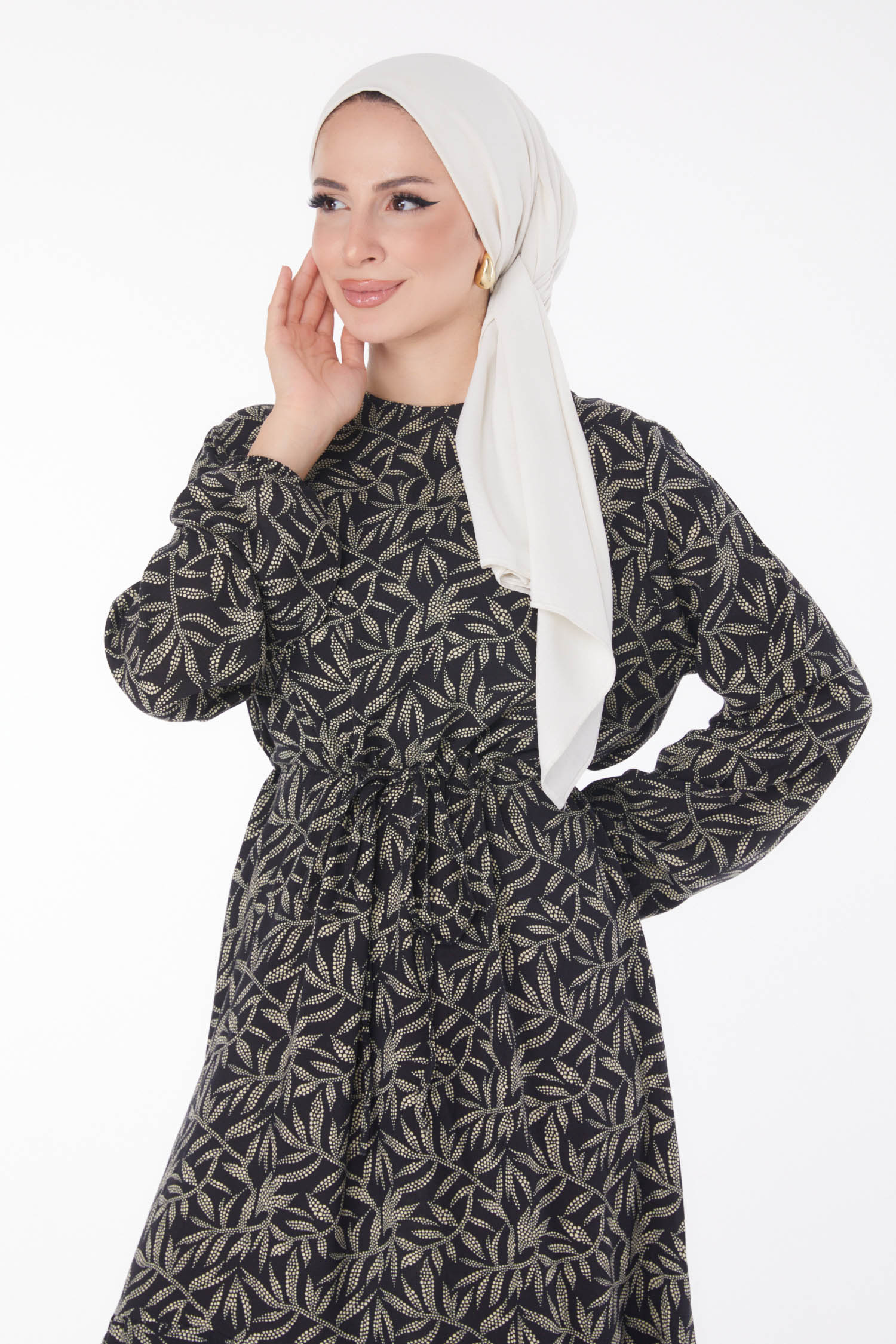 Yaprak Desenli Elbise Siyah - 25751 - 2