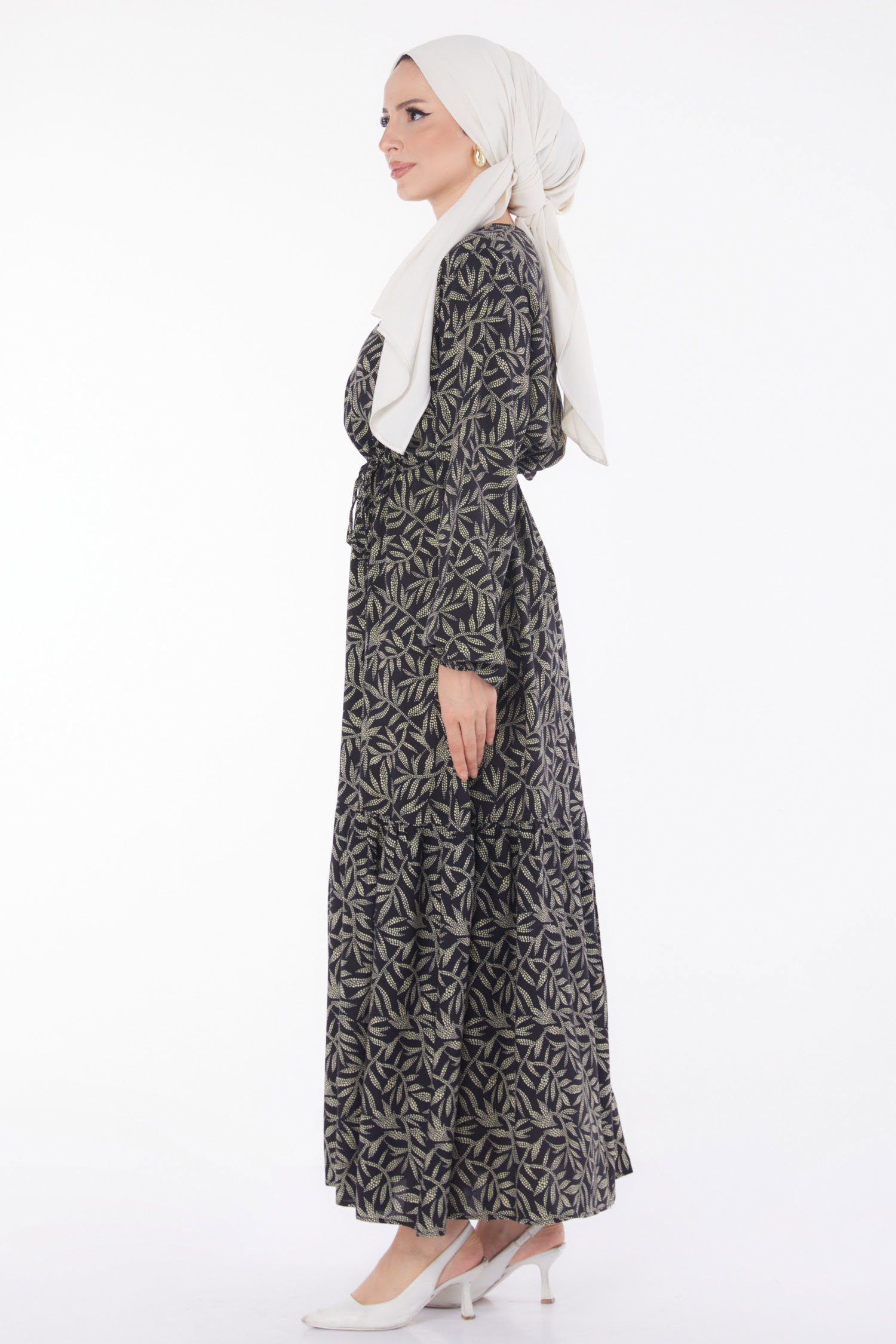 Yaprak Desenli Elbise Siyah - 25751 - 4