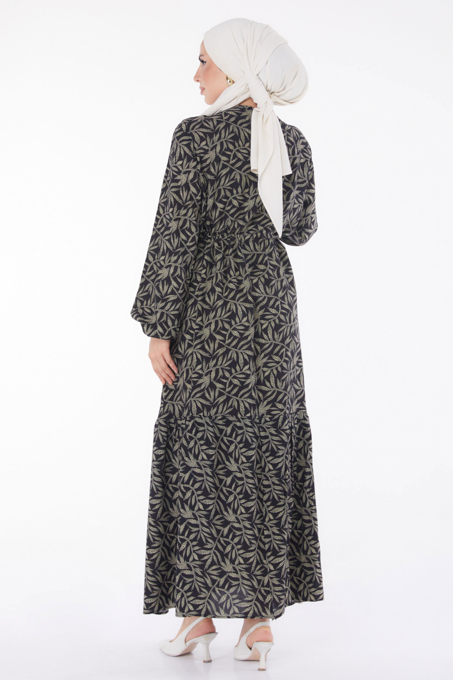 Yaprak Desenli Elbise Siyah - 25751 - 5
