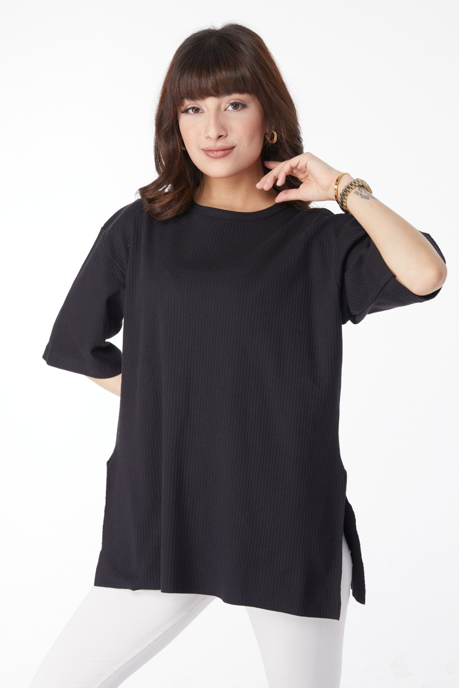 Yırtmaçlı T-Shirt Siyah - 25114 - 1