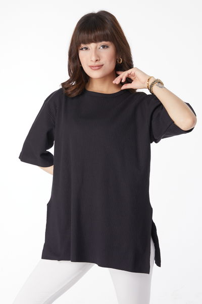 Yırtmaçlı T-Shirt Siyah - 25114 