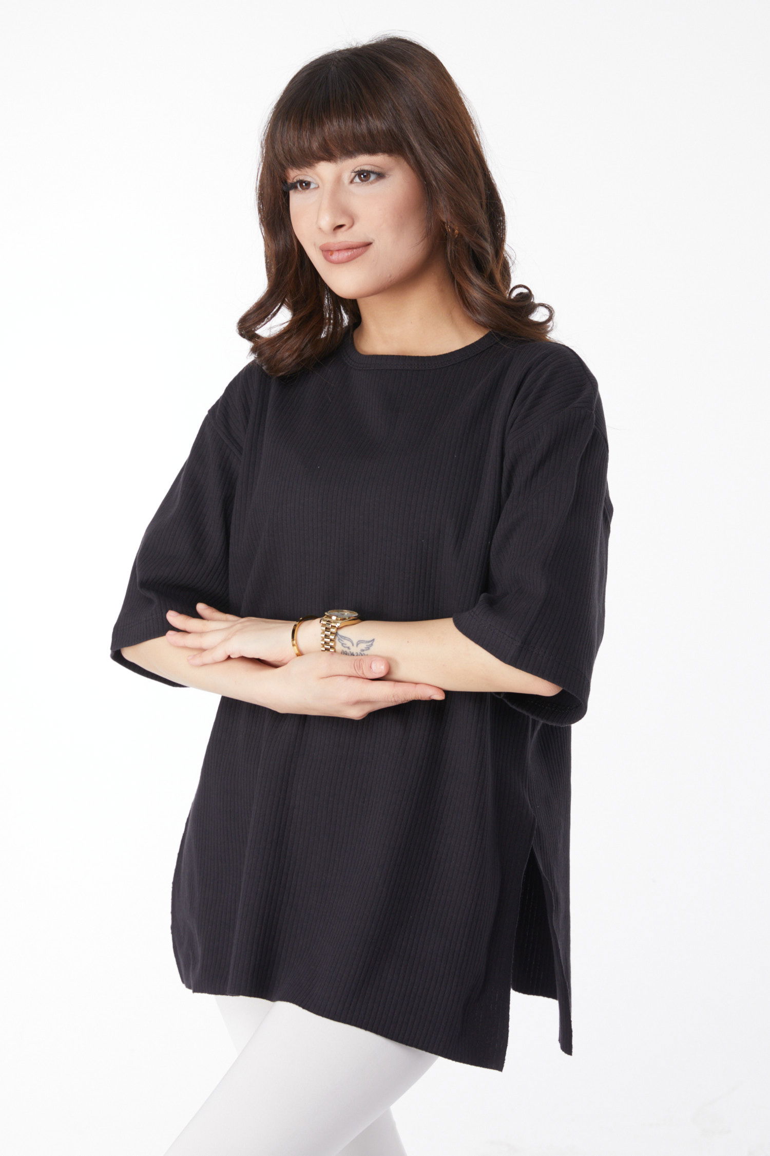 Yırtmaçlı T-Shirt Siyah - 25114 - 2