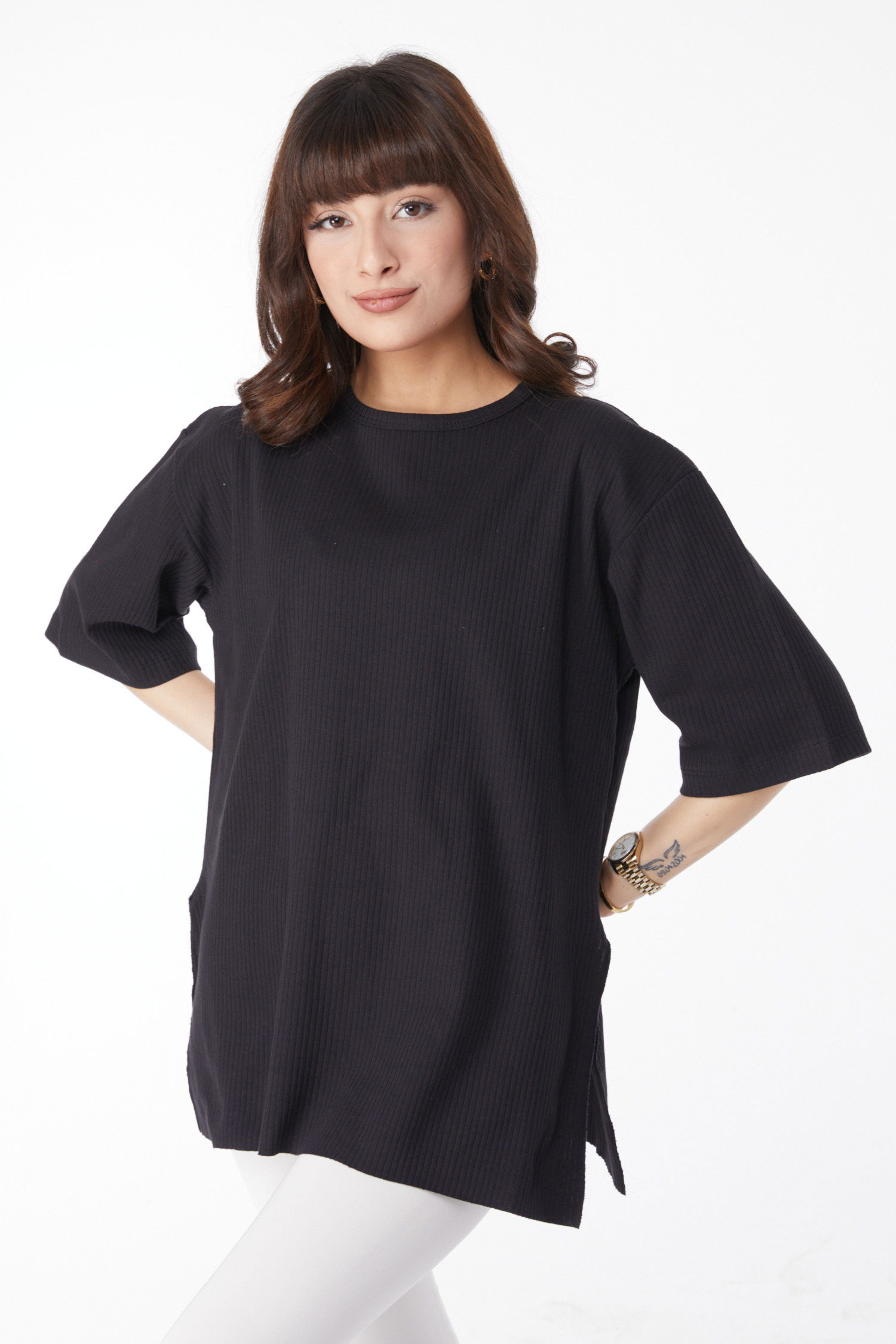 Yırtmaçlı T-Shirt Siyah - 25114 - 3