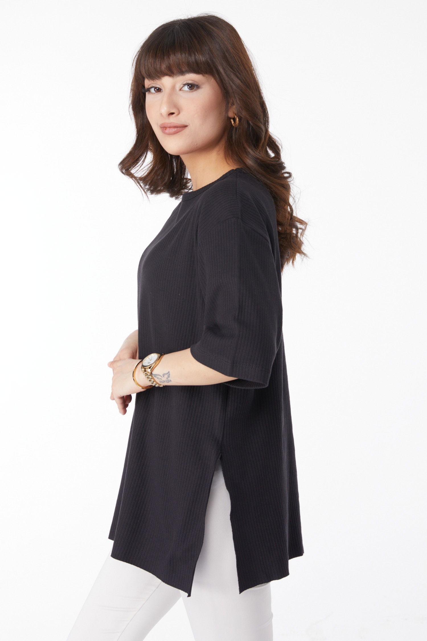 Yırtmaçlı T-Shirt Siyah - 25114 - 4