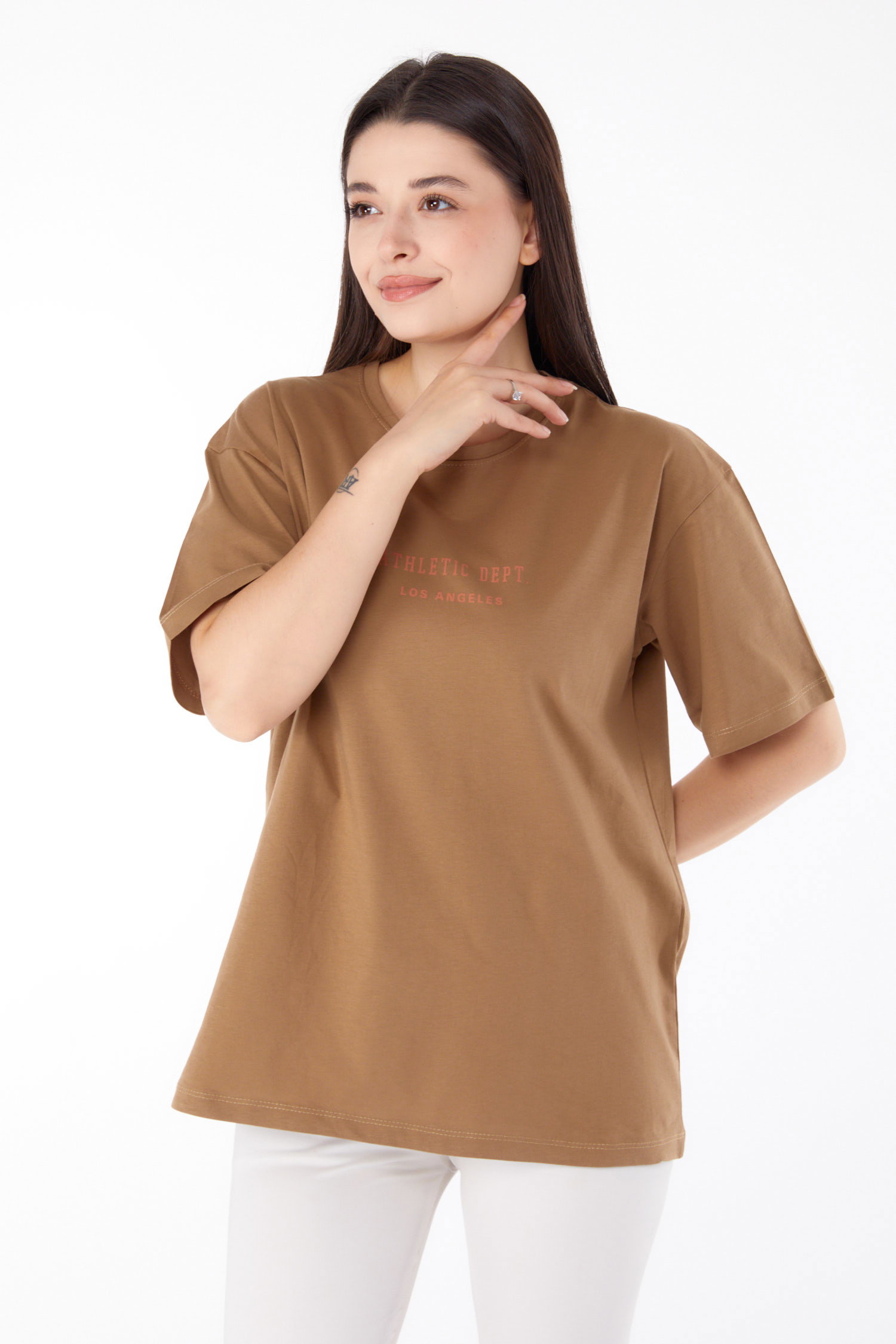 Baskılı T-shirt Taba - 25693 - 1