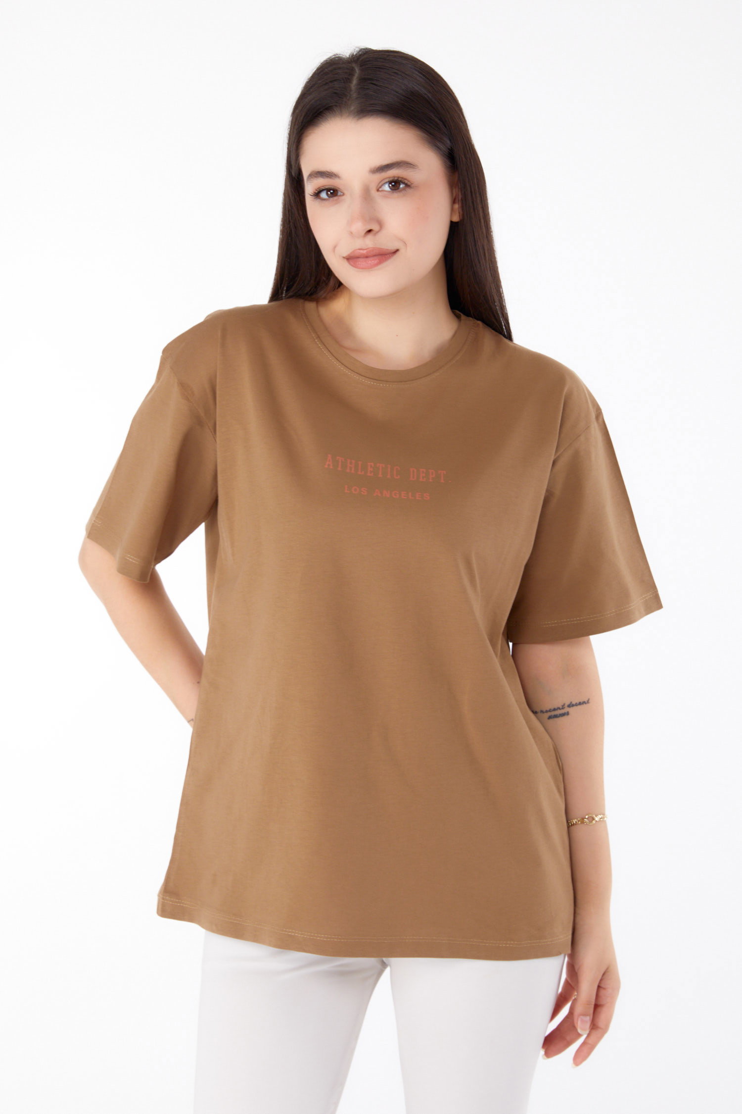 Baskılı T-shirt Taba - 25693 - 2