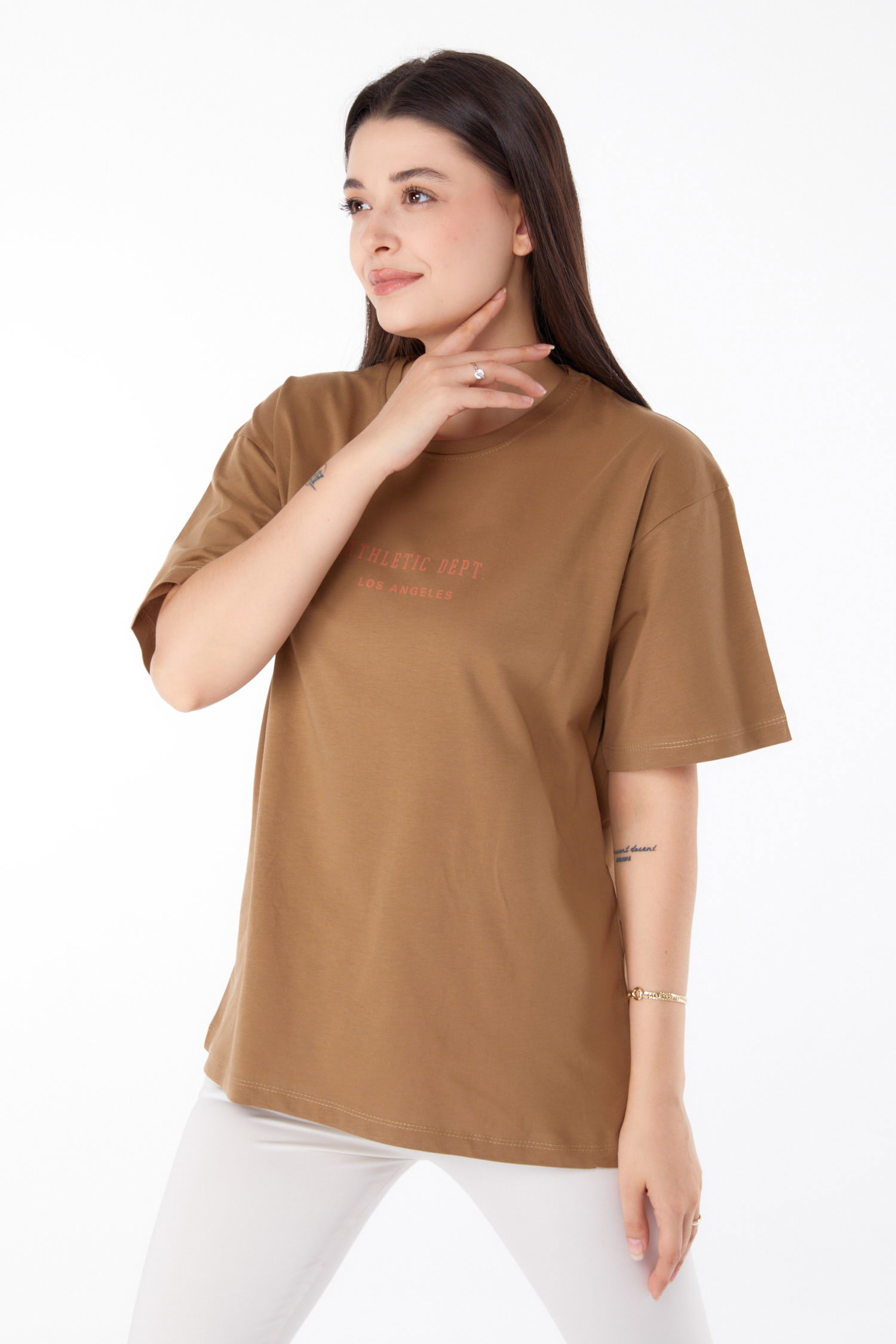 Baskılı T-shirt Taba - 25693 - 3