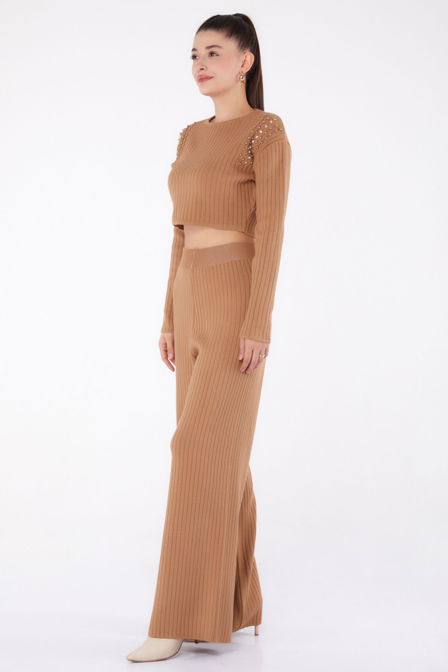 Taş Detaylı Triko Takıım Taba - 26283 - 3