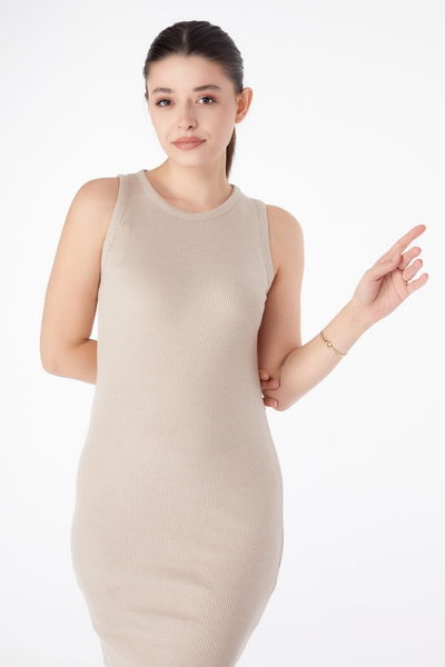 Düz Bisiklet Yaka Kadın Taş Midi Elbise - 25158 