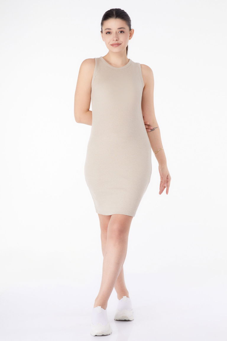 Düz Bisiklet Yaka Kadın Taş Midi Elbise - 25158 - TOFİSA