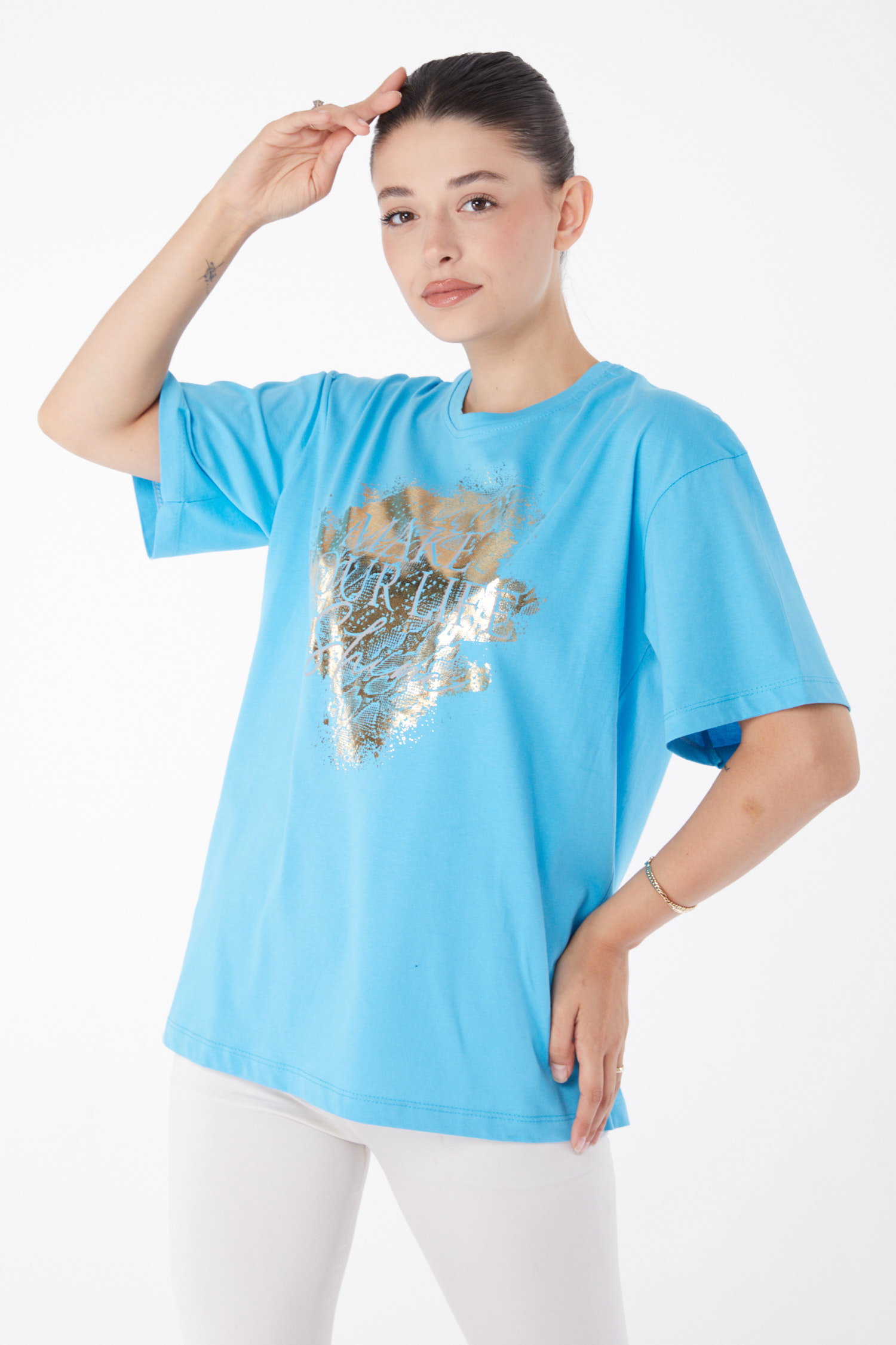 Kısa Kollu Baskılı T-shirt Turkuaz - 25980 - 1
