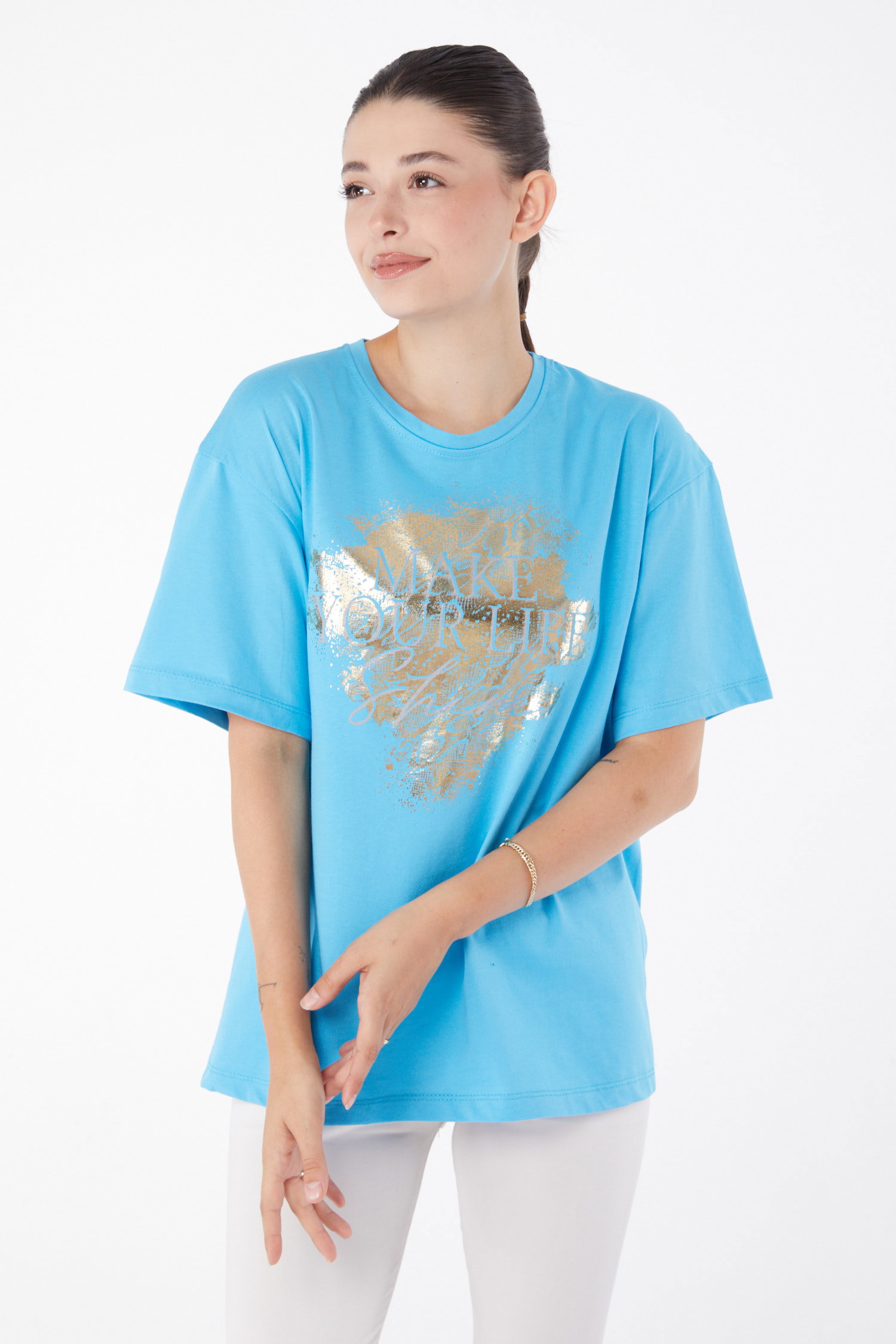 Kısa Kollu Baskılı T-shirt Turkuaz - 25980 - 2