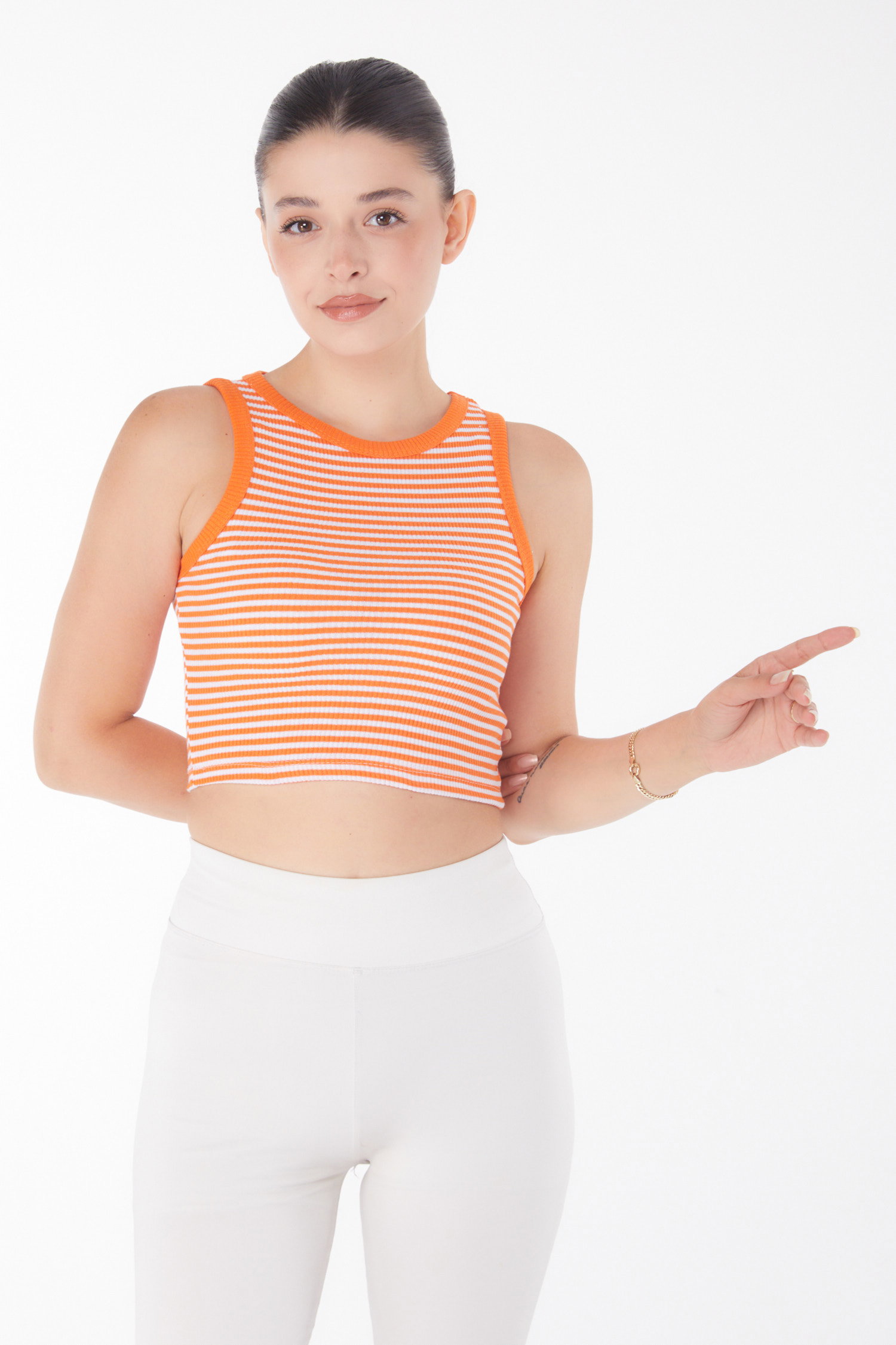 Düz Bisiklet Yaka Kadın Turuncu Çizgili Crop - 25958 - 1