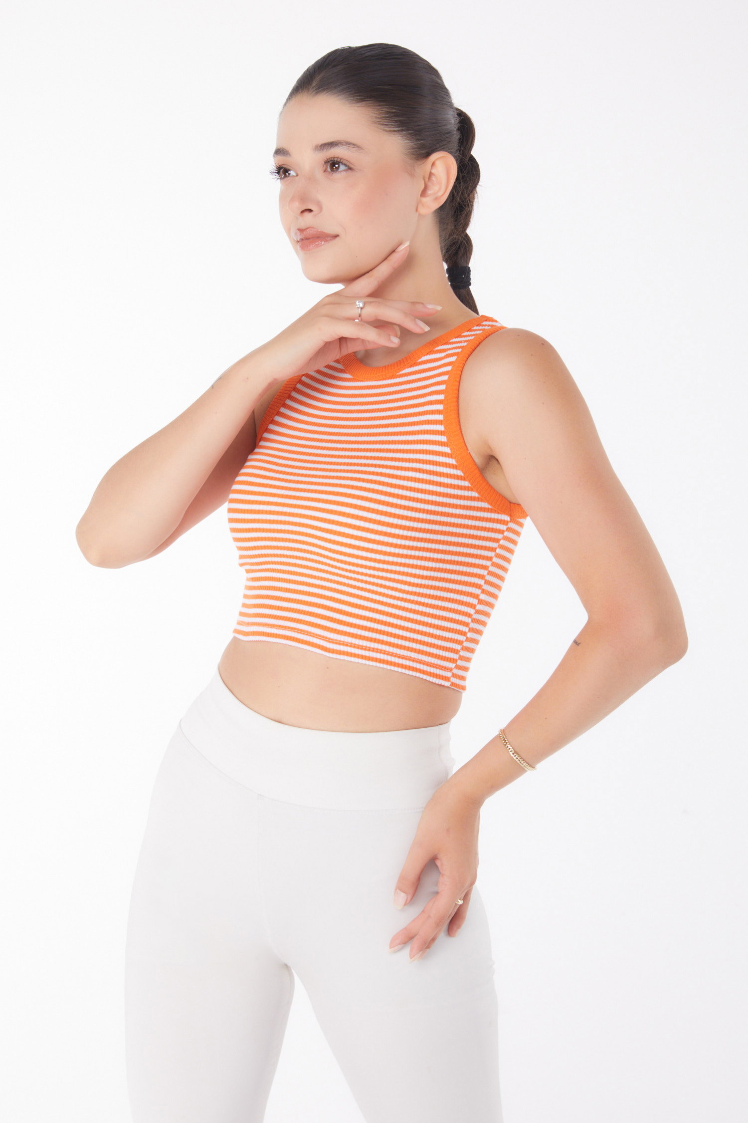 Düz Bisiklet Yaka Kadın Turuncu Çizgili Crop - 25958 - 2