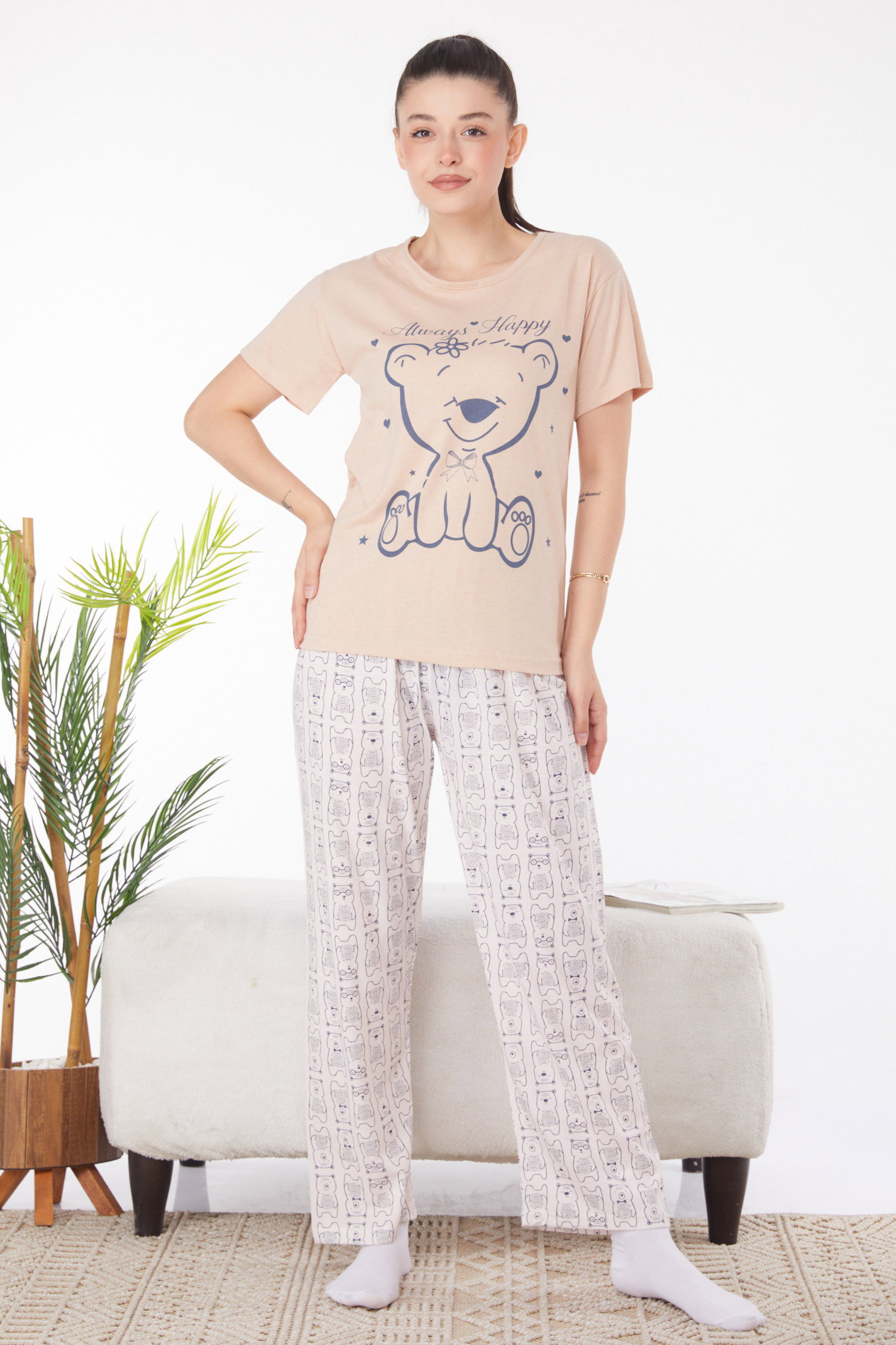 Düz Bisiklet Yaka Kadın Vizon Baskılı Pijama Takımı - 25816 - 1