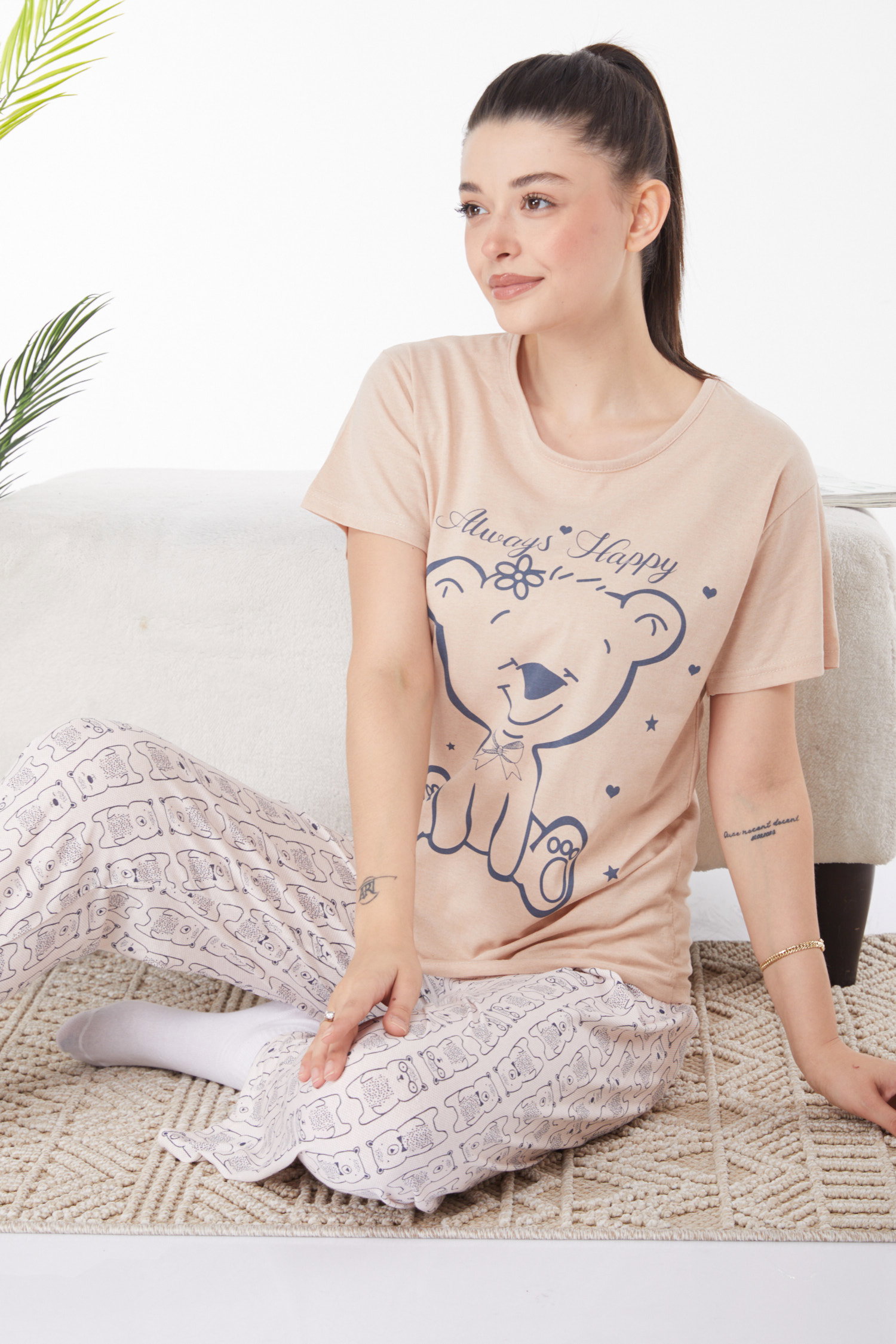 Düz Bisiklet Yaka Kadın Vizon Baskılı Pijama Takımı - 25816 - 2