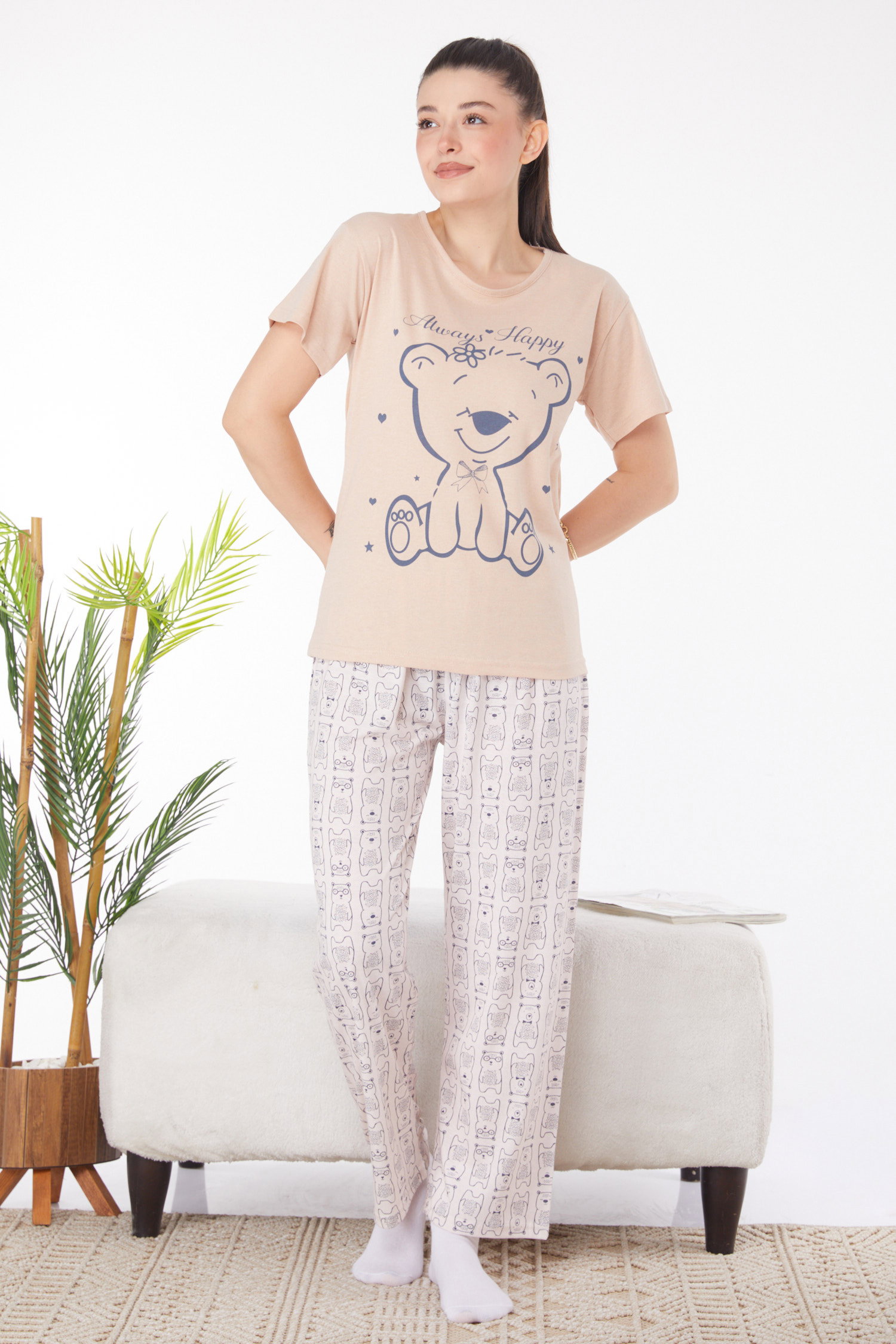 Düz Bisiklet Yaka Kadın Vizon Baskılı Pijama Takımı - 25816 - 3
