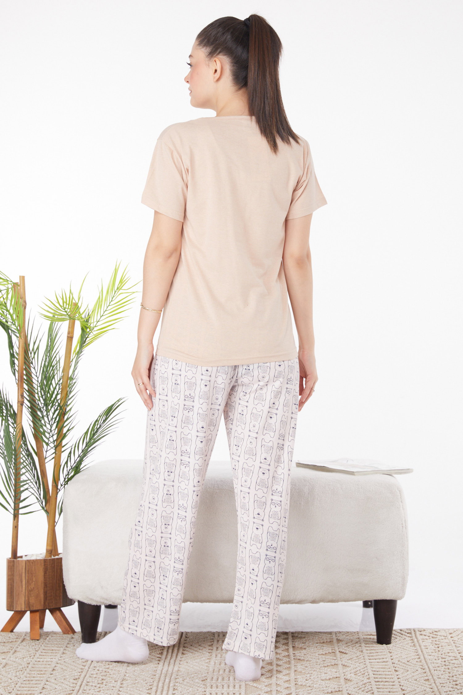 Düz Bisiklet Yaka Kadın Vizon Baskılı Pijama Takımı - 25816 - 4
