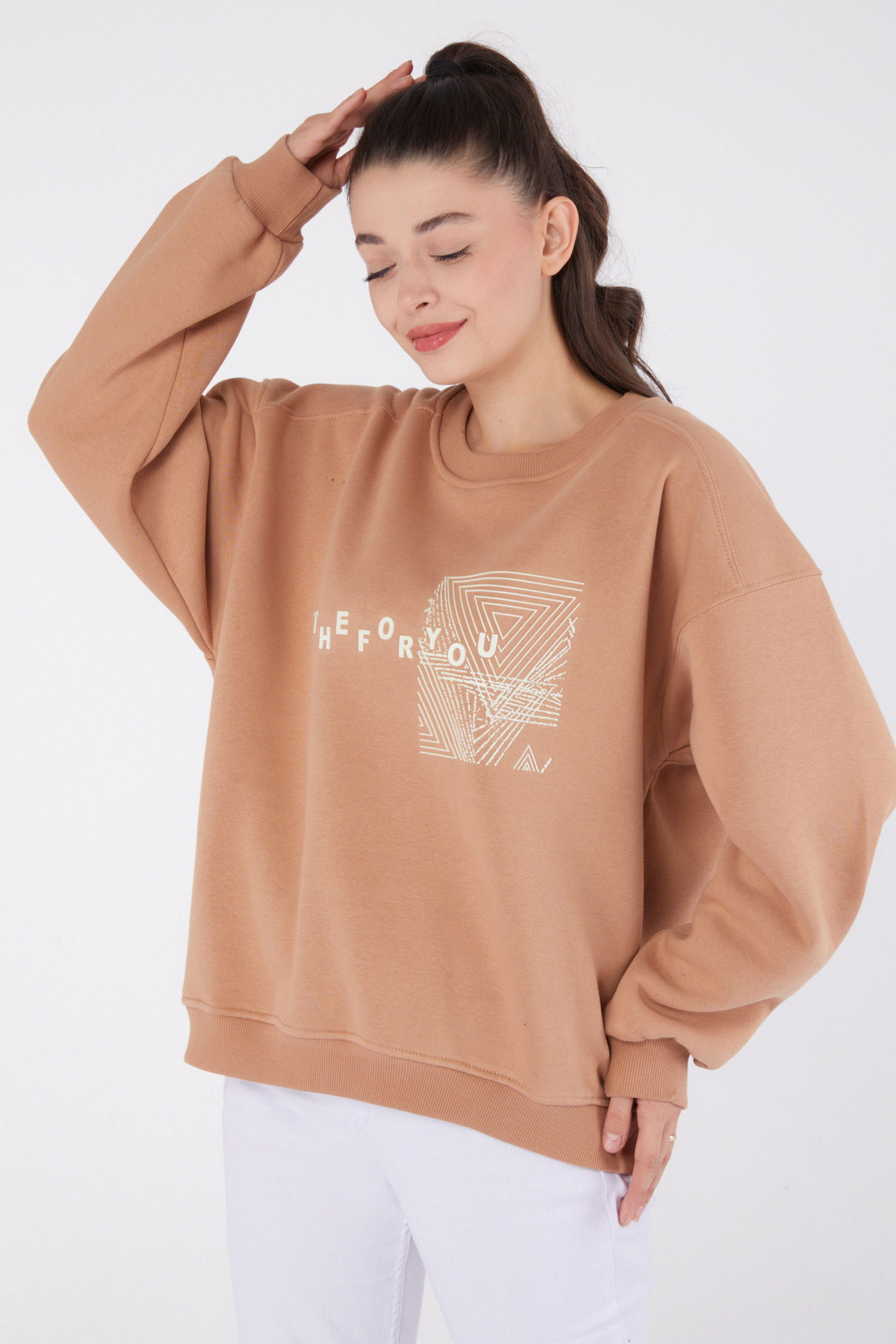 Baskılı Sweatshirt Vizon - 26473 - 1