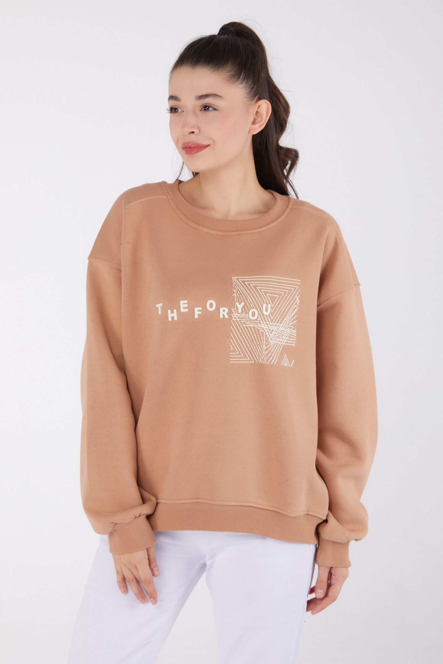 Baskılı Sweatshirt Vizon - 26473 - 2