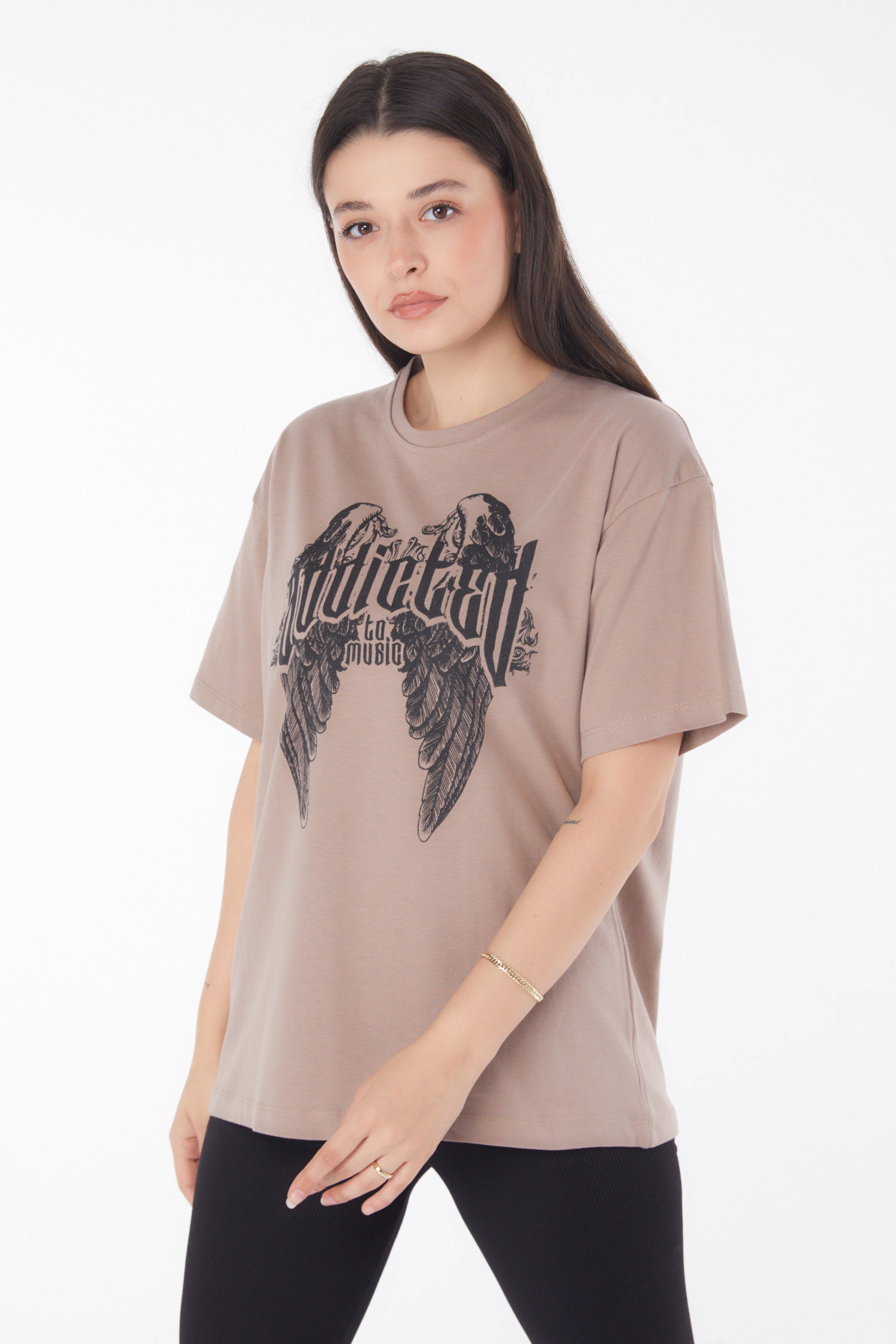 Baskılı T-shirt Vizon - 25694 - 1