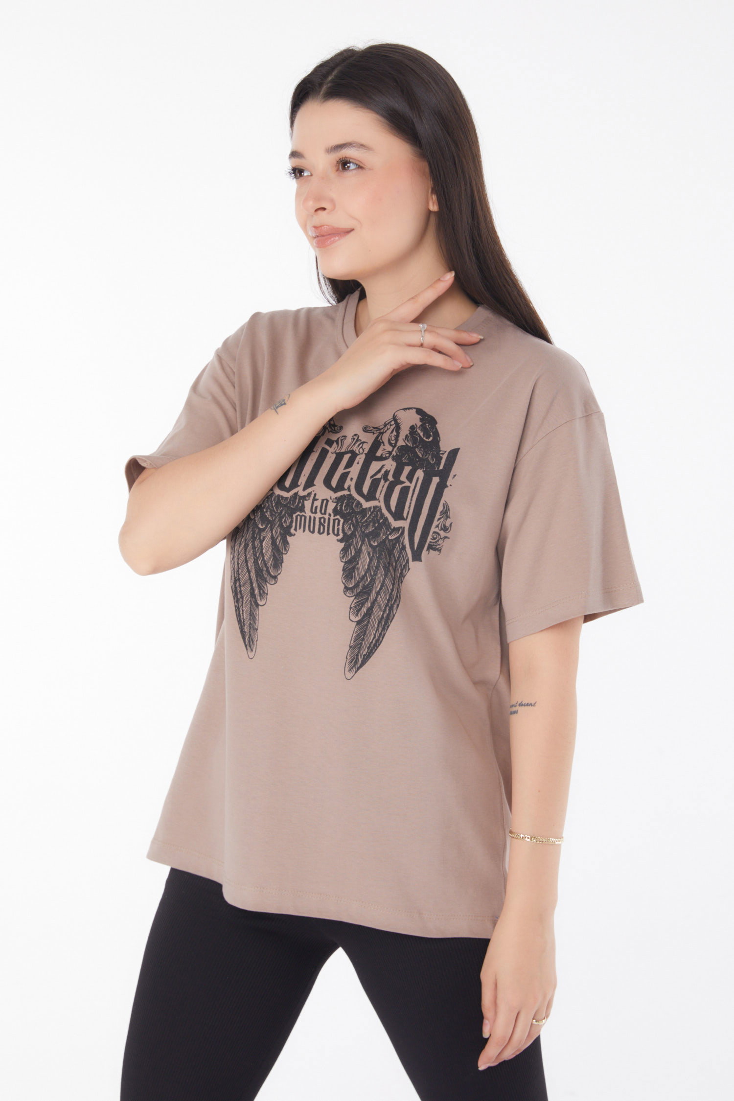 Baskılı T-shirt Vizon - 25694 - 2
