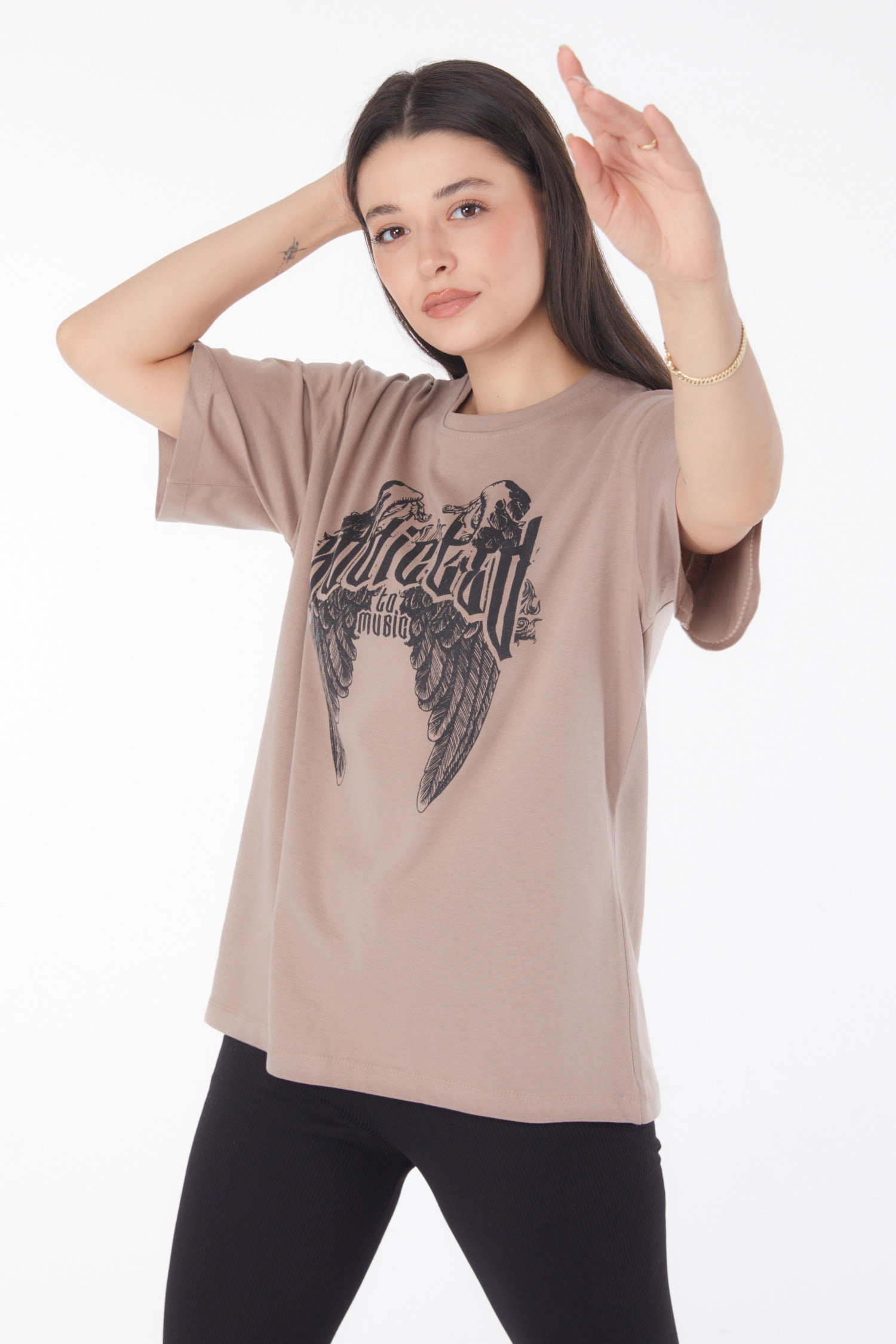 Baskılı T-shirt Vizon - 25694 - 3