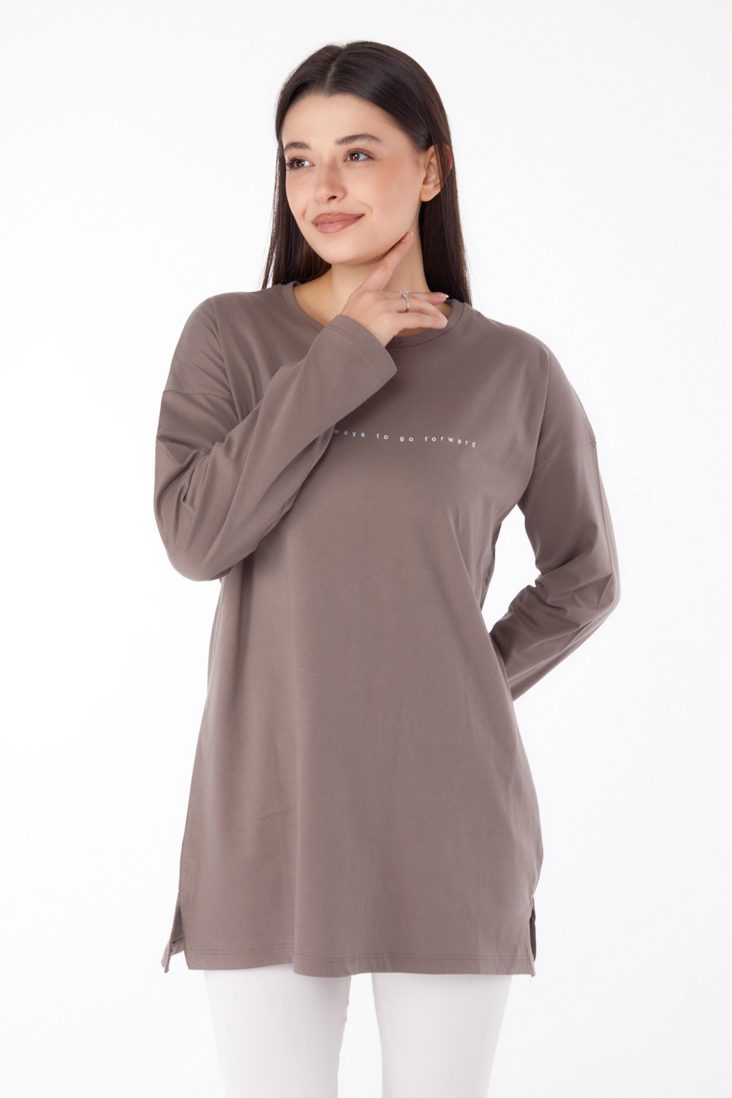 Düz Bisiklet Yaka Kadın Vizon Baskılı Tunik - 25699 - 2
