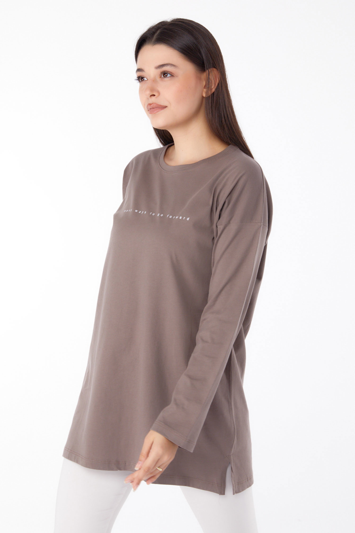 Düz Bisiklet Yaka Kadın Vizon Baskılı Tunik - 25699 - 4