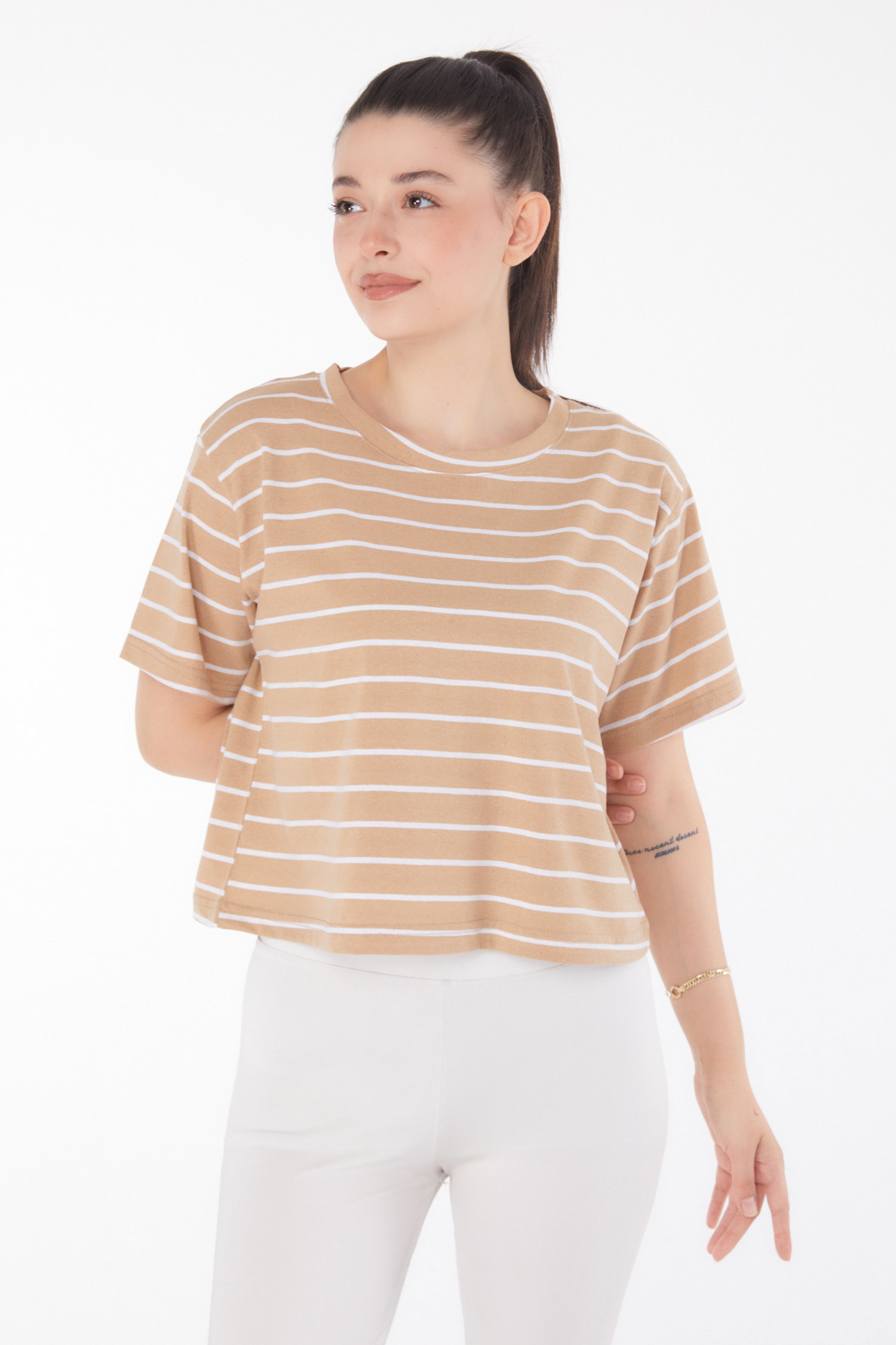 Çizgili Kısa Kollu Crop Vizon - 25842 - 1
