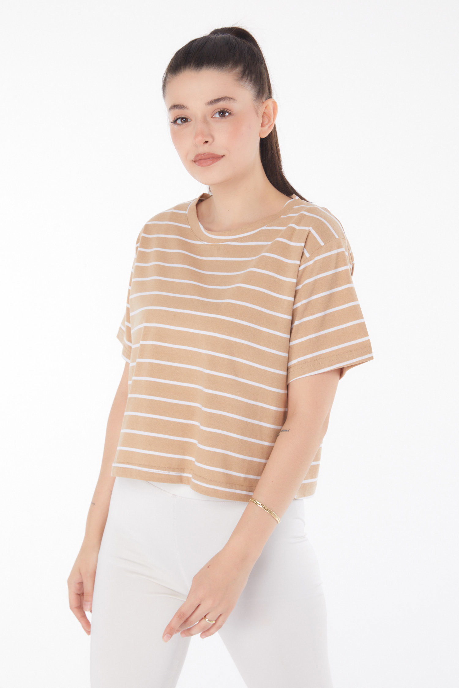 Çizgili Kısa Kollu Crop Vizon - 25842 - 2